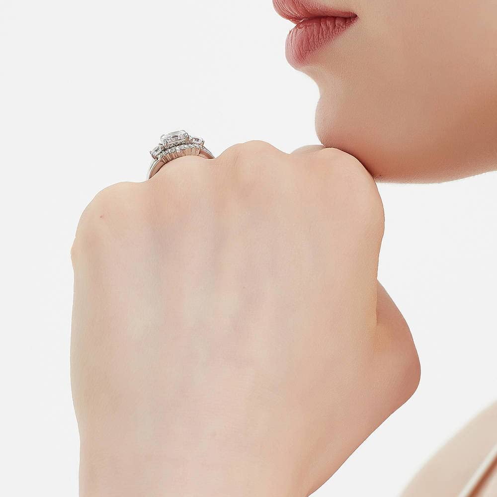BERRICLE Sterling Silver 3-Stone Wedding & Engagement Ring Set - 2 Carat Cushion Cut Cubic Zirconia CZ Wishbone Design for Women, Rhodium Plated Size 4-10 - Perfect for Proposals, Anniversaries & Special Occasions