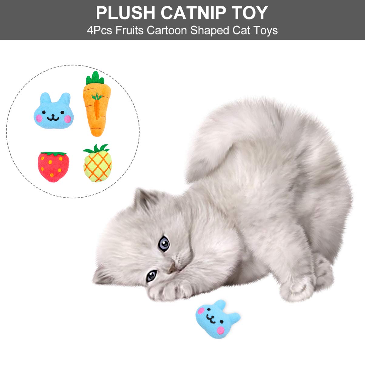 Balacoo 4Pcs Plush Kitten Chew Toys - Soft Cat Teething Toys with Cute Fruit Patterns for Teeth Cleaning, Play & Chewing | Perfect for Kittens & Adult Cats (Home, Travel, Interactive Play)