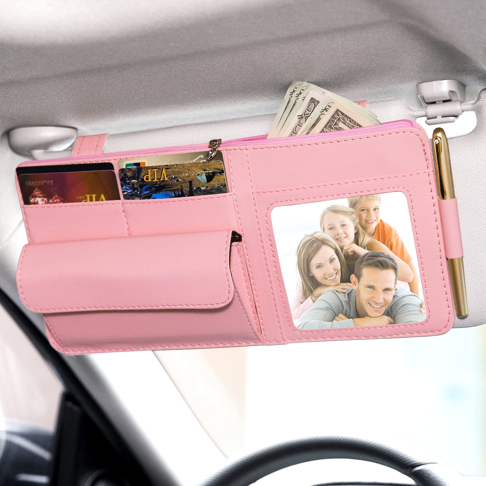 Pink Car Visor Organizer with Glasses Holder & Picture Frame - Auto Sun Visor Storage for Women - Essential Truck Accessories for Sunglasses, Cards & Photos - Perfect for Road Trips & Daily Commutes