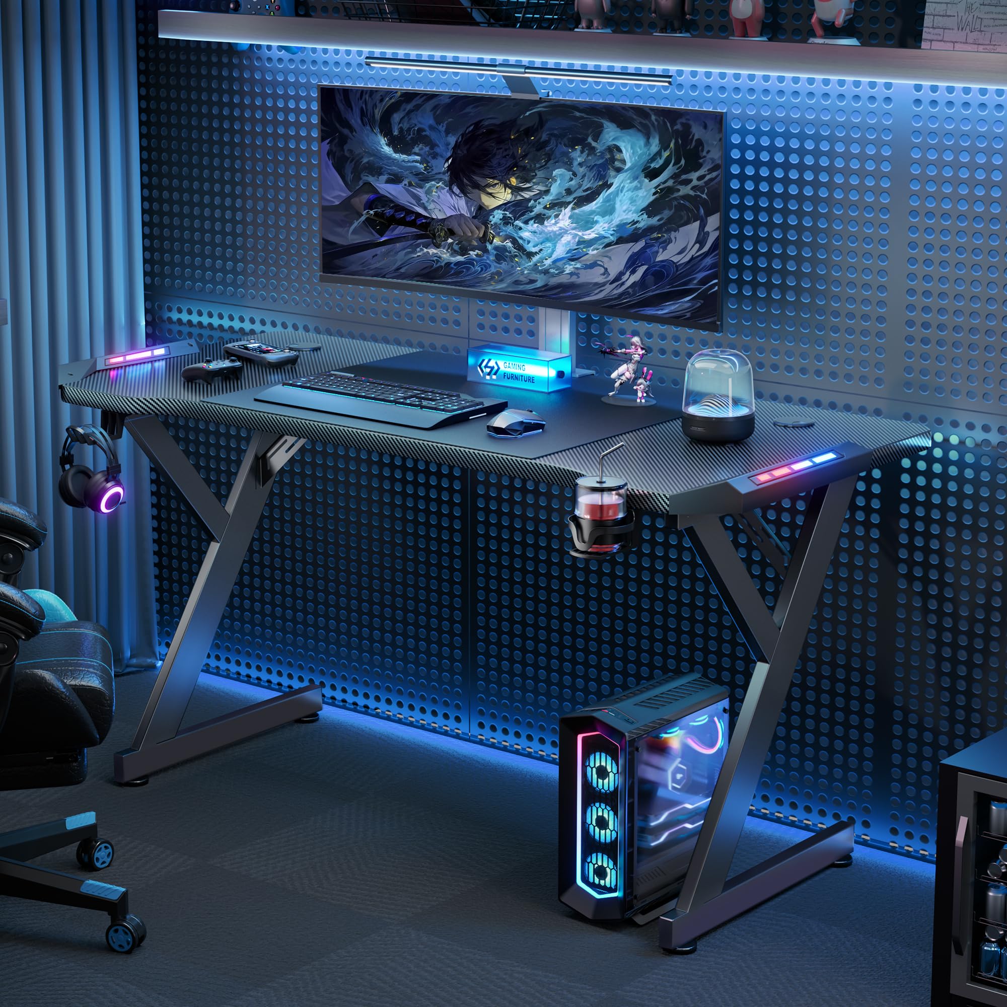 HLDIRECT 55 Inch LED Gaming Desk with Carbon Fiber Surface - Ergonomic Computer Desk for PC Gaming & Home Office - Includes Headphone Hook & Cup Holder - Perfect for Esports, Streaming & Remote Work (Black)