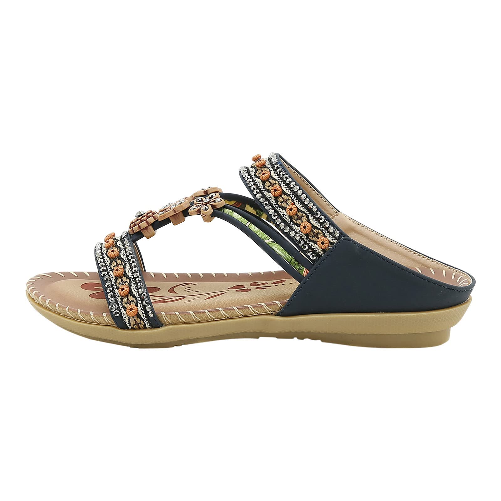 Bohemian Flat Flower Rhinestone Sandals for Women - Comfortable Beach Sandals for Summer, Outdoor Walking, Vacation & Casual Wear