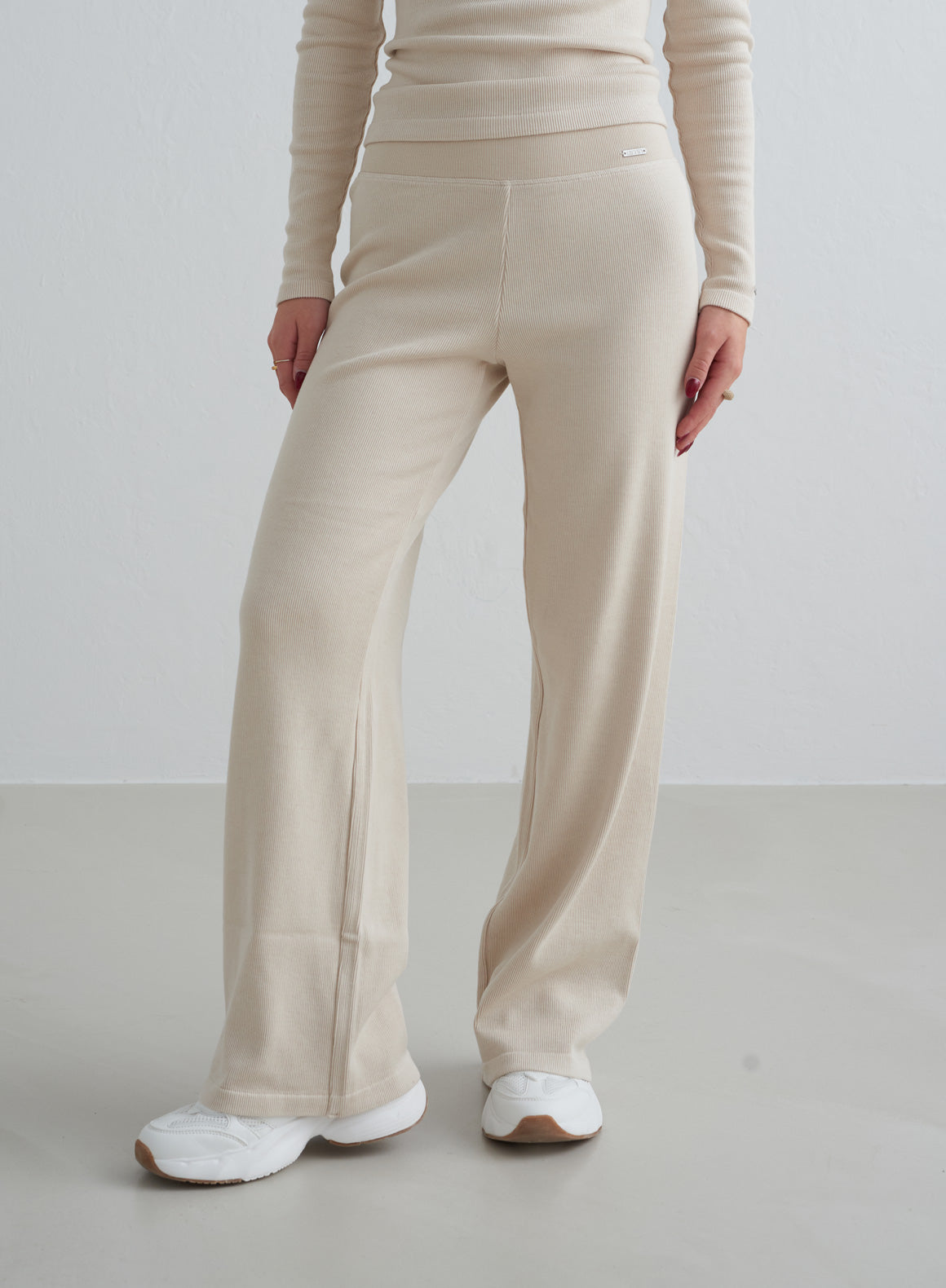 Café Au Lait Ribbed Wool Wide Leg Pants for Women - Cozy Winter Lounge Pants, Office Work Pants & Casual Outfit