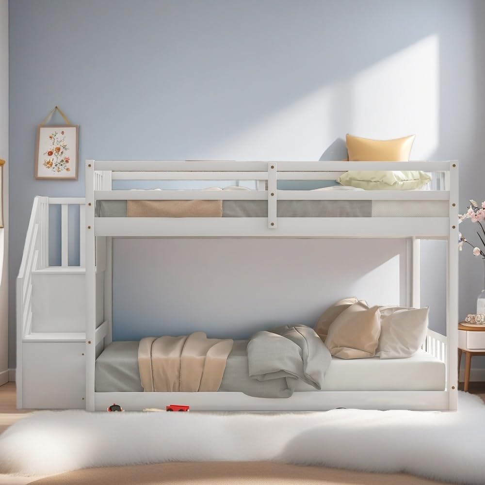 SOFTSEA Twin Over Twin Low Bunk Bed with Stairs - Solid Wood Floor Bunk Bed with Wood Slats for Kids, No Box Spring Needed (White) | Perfect for Small Bedrooms, Kids' Rooms, Dorms & Space-Saving Solutions