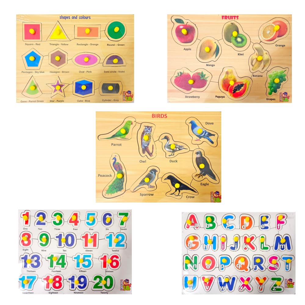 5-Piece Wooden Learning Puzzle Set for Kids & Adults – Shapes, Fruits, Numbers 1-20, Alphabet ABC, Birds – Educational Wooden Toys for Toddlers 3+ and Family Game Night | Perfect for Preschool Learning, Montessori Activities & Cognitive Development