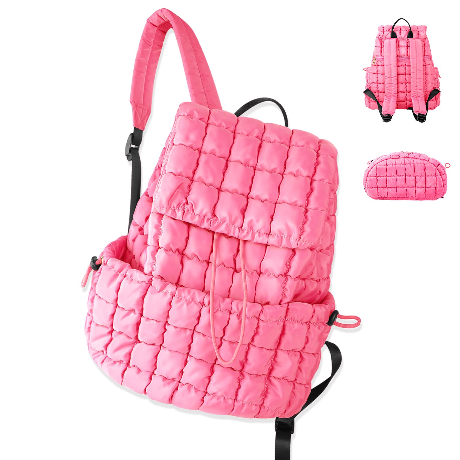 Iqimott Quilted Puffer Backpack for Women - Stylish Nylon Casual Daypack, Lightweight Hiking & Gym Bag with Adjustable Drawstring - Perfect for Travel, School & Outdoor Activities (Pink)