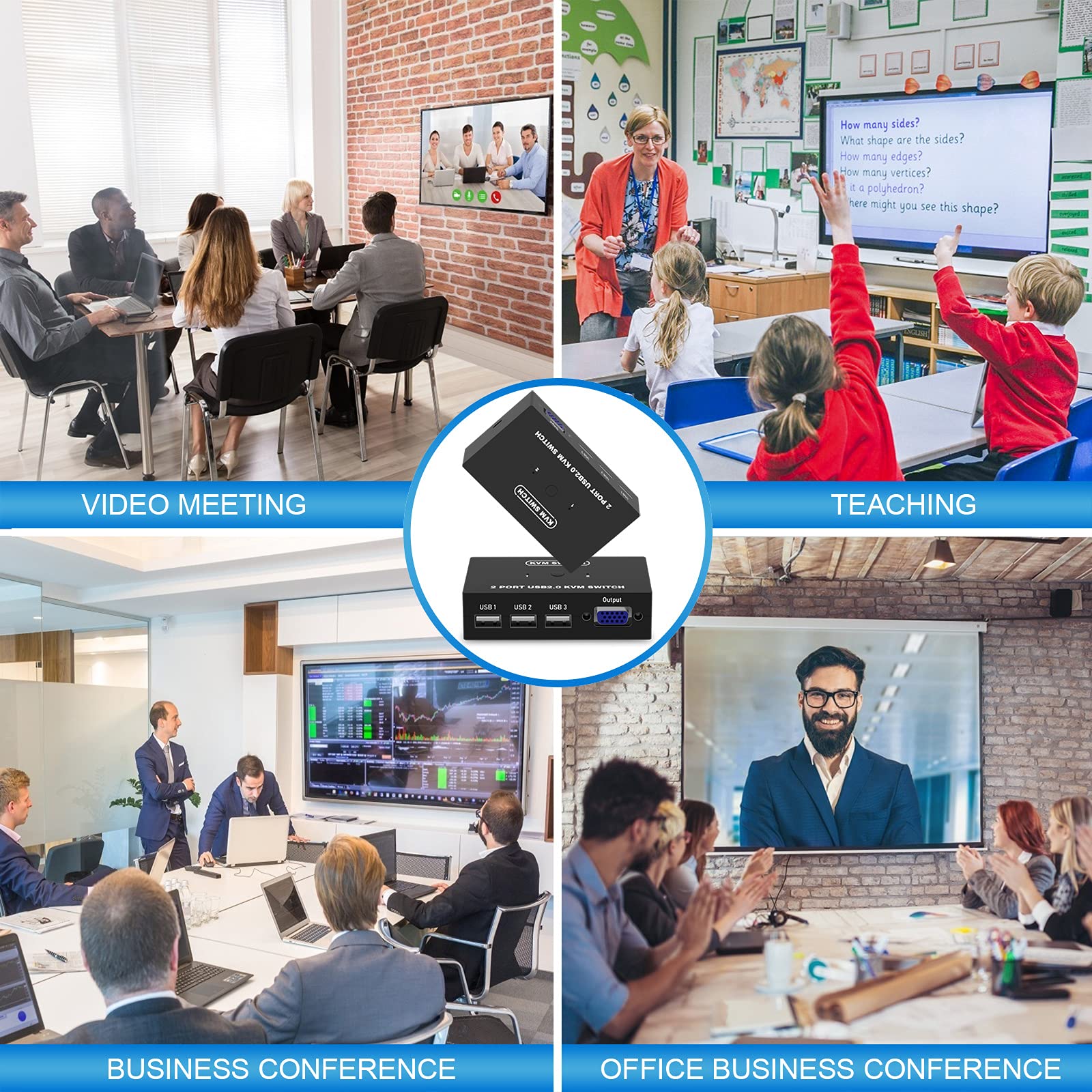2 Port VGA KVM Switch - Share 1 Monitor & 3 USB Devices (Mouse/Keyboard/Scanner/Printer) with Included Cables | Ideal for Home Office & Multi-PC Workstations