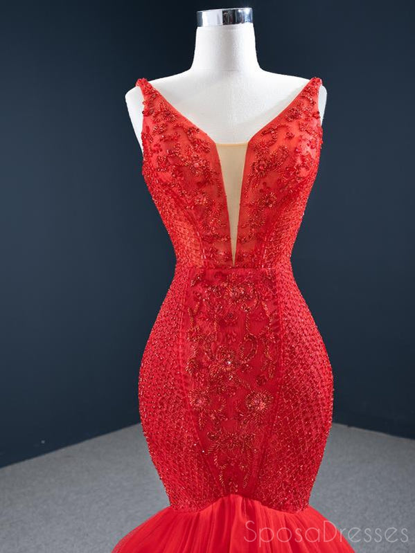 Mermaid Red Sleeveless Beaded Prom Dress for Sweet 16 | Elegant Formal Gown with Sparkling Details | Perfect for Homecoming, Quinceañera & Evening Parties