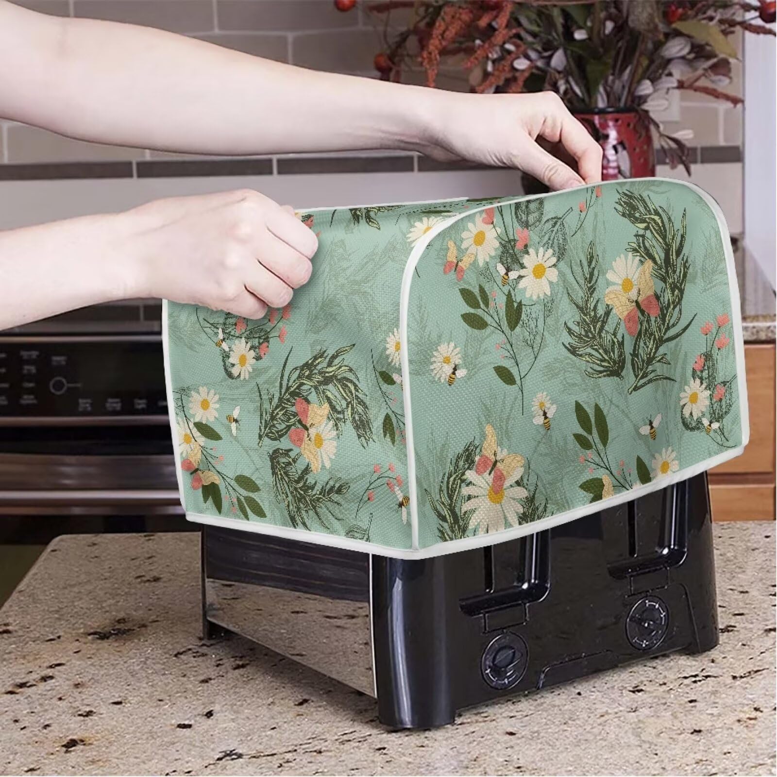 4-Slice Toaster Cover with Handle - Stain Resistant Dustproof Microwave & Toaster Oven Protector - Daisy Bee Leaf Blue Design - Perfect for Kitchen Countertop Protection & Small Appliance Storage
