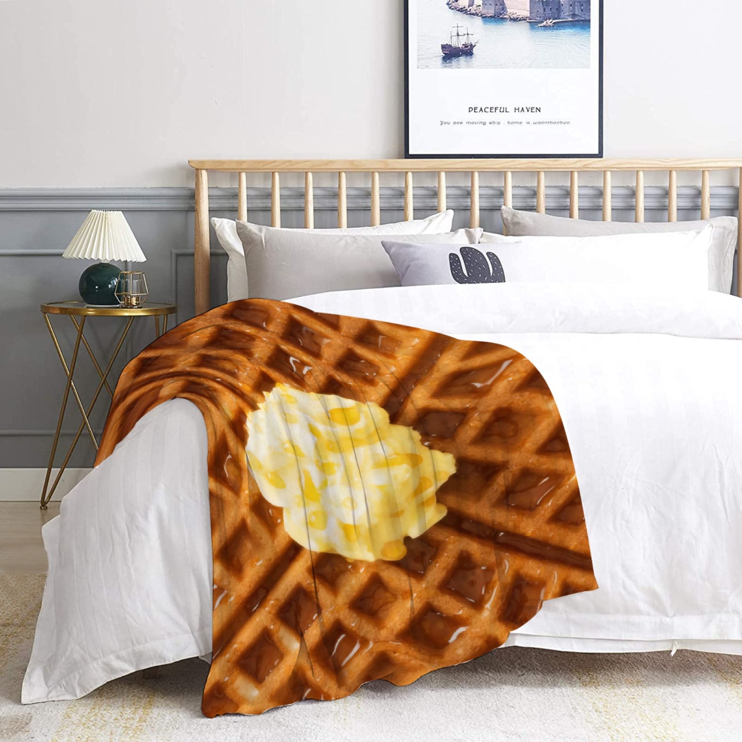 Waffles Blanket - Funny Food Texture Flannel Throw Blanket | Ultra Soft & Comfortable | Novelty Gift for Family & Friends | Perfect for Bed, Couch, Travel & Camping - 90