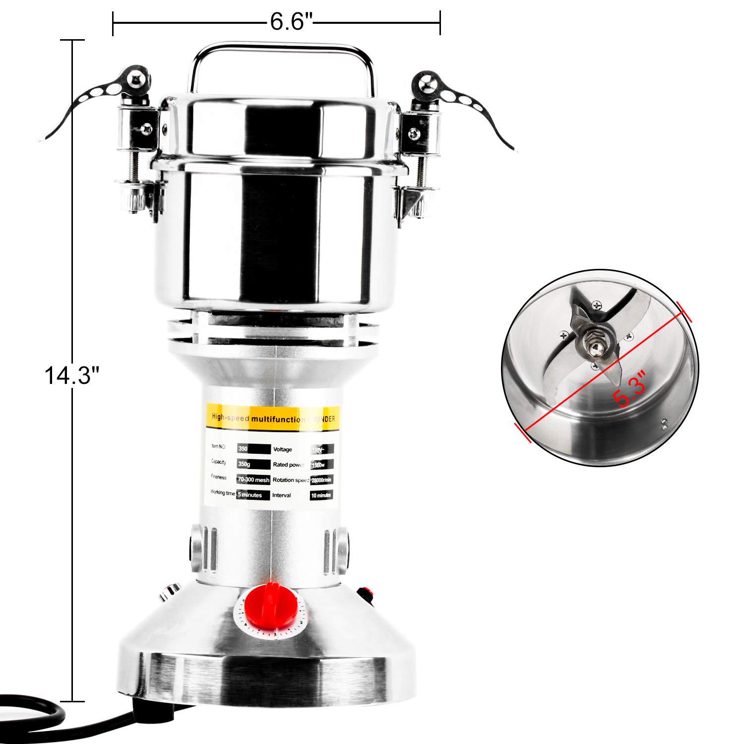 350g High-Speed Electric Grain Mill Grinder - 1500W Commercial Stainless Steel Powder Machine for Spices, Herbs, Coffee & Pepper (70-300 Mesh, 28000 RPM) - Perfect for Home Kitchens, Bakeries & Coffee Shops