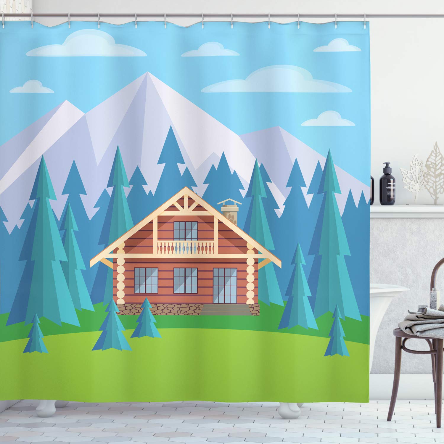 Ambesonne Log Cabin Shower Curtain - Rustic Wooden House Design with Fir Trees & Mountain Landscape, 69x84 Inch Waterproof Fabric Bathroom Decor Set with Hooks - Perfect for Cabin, Cottage or Nature-Themed Bathrooms
