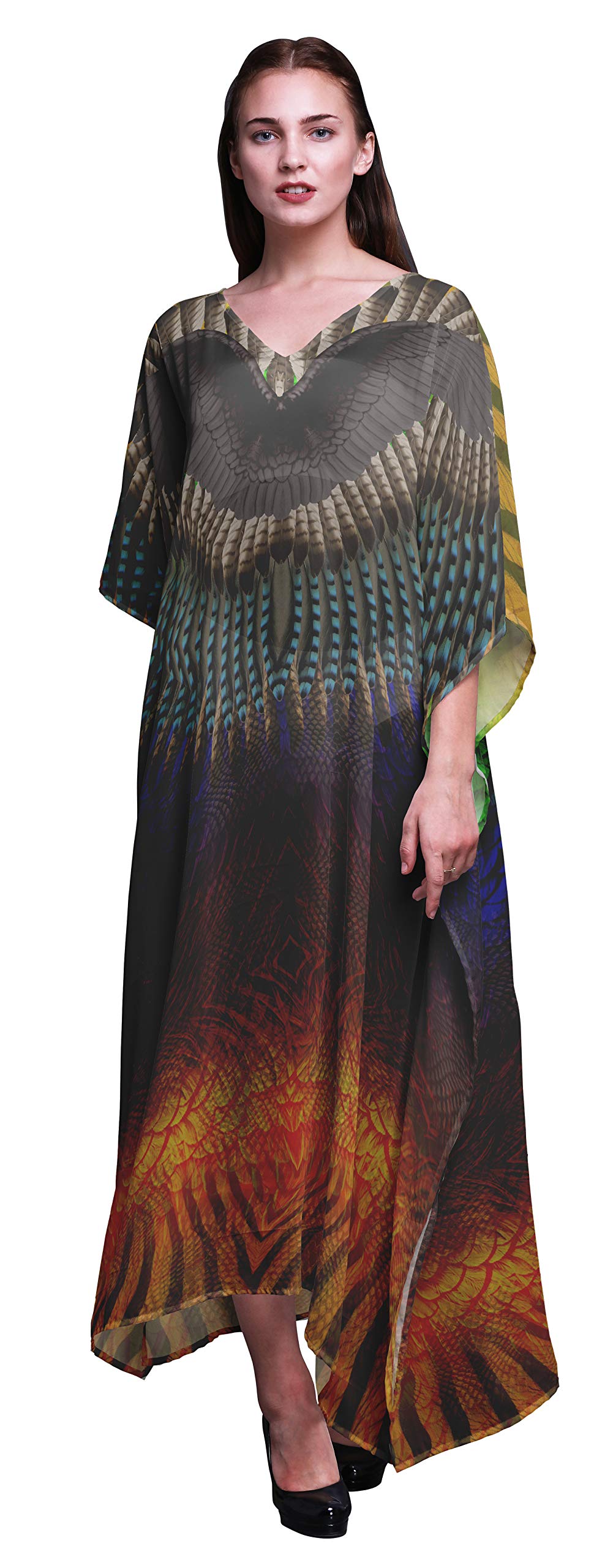 Tribal Feather Women's Long Beach Kaftan - Flowy Bikini Cover Up Maxi Dress for Summer Vacation, Pool Party & Boho Beachwear