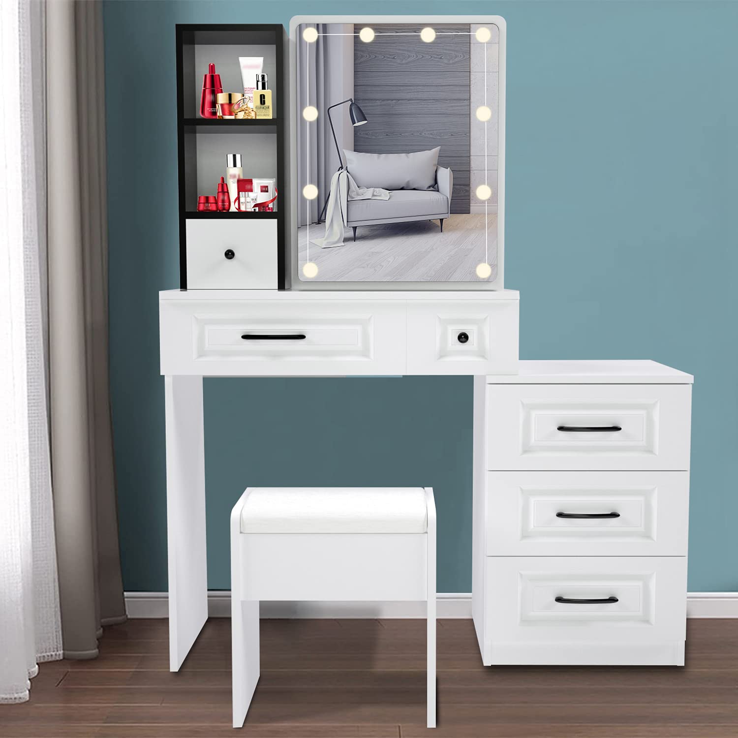 White Makeup Vanity Desk with 3 Adjustable LED Lighting Modes, 6 Storage Drawers & Matching Stool - Dressing Table for Bedroom, Perfect for Beauty Routines & Home Decor