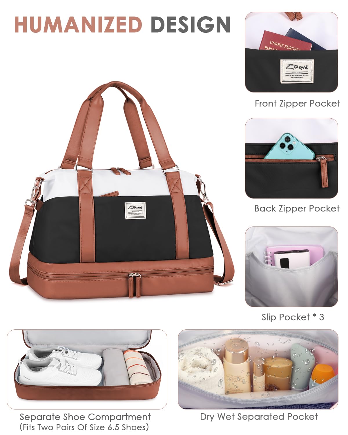 ETRONIK Large Travel Duffel Bag for Women - Gym Bag with Shoe Compartment & Wet Pocket, Carry-On Weekender Overnight Bag with Toiletry Pouch - Perfect for Hospital Visits, Yoga, Sports & Weekend Getaways