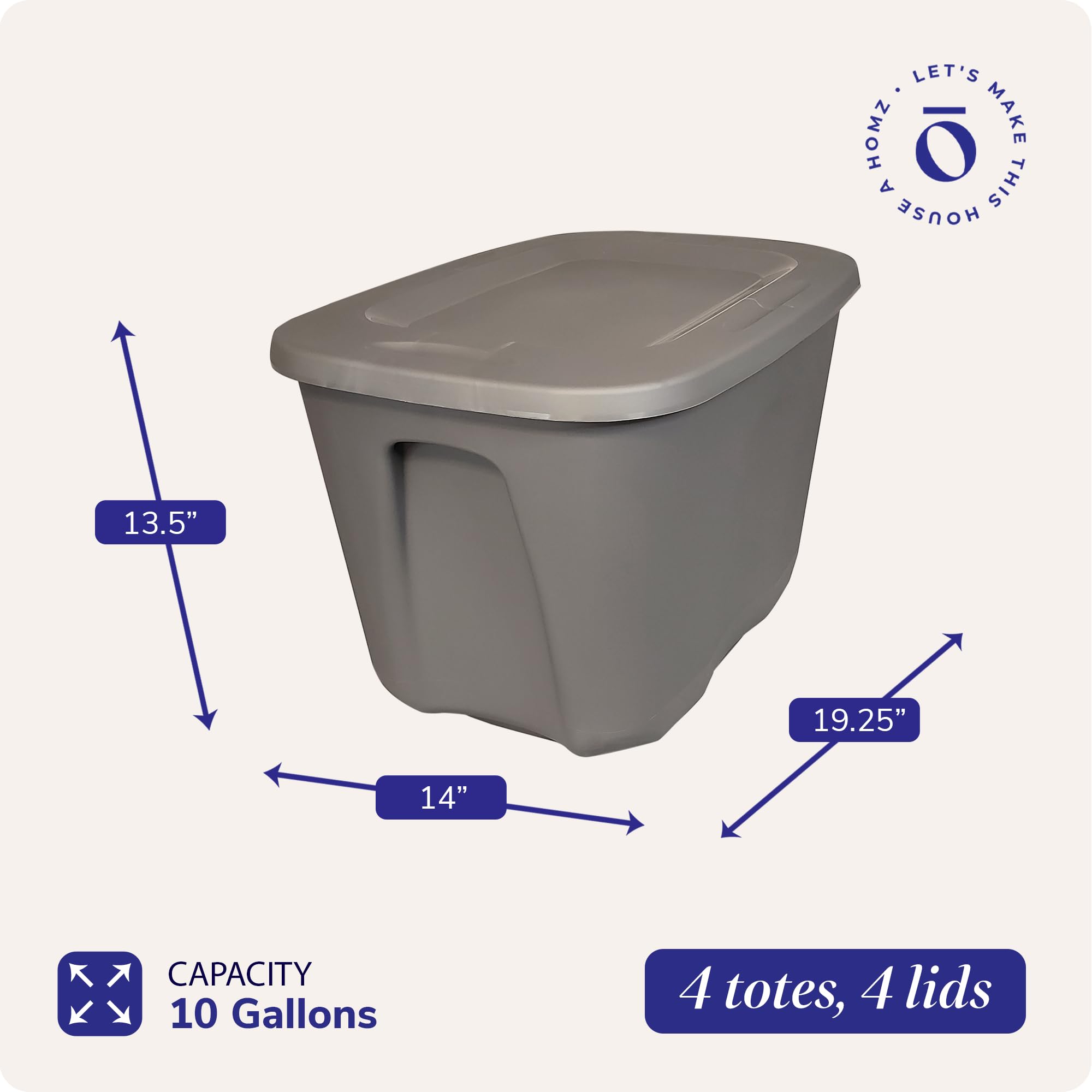 HOMZ 4-Pack Heavy Duty Plastic Storage Bins - 10 Gallon Home Organization Containers - Titanium Silver - Perfect for Closet, Pantry, Garage & Toy Storage