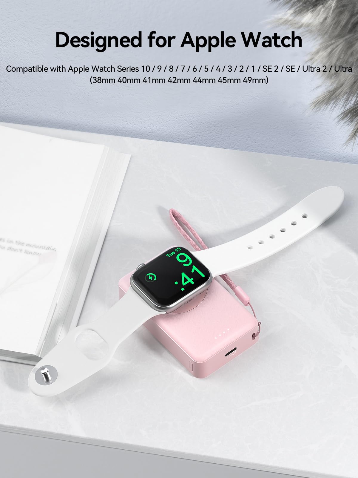 LVFAN 4000mAh Magnetic Wireless Portable Charger for Apple Watch Series 10/9/8/7/6/5/4/3/2/1/SE/Ultra 2/Ultra - Pink Power Bank | Travel-Friendly Smart Watch Charger for Gym, Hiking & Business Trips