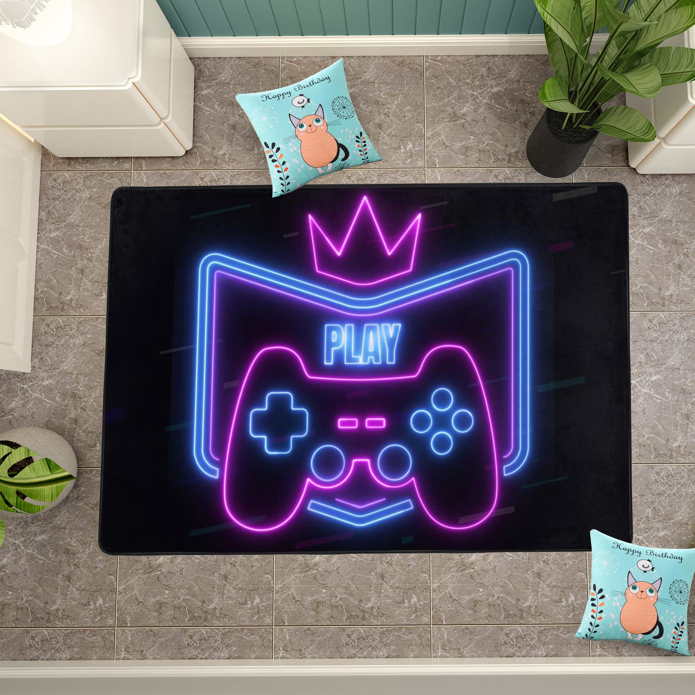 Video Game Area Rug - Non-Slip Gaming Controller Pattern Floor Mat for Kids Bedroom, Living Room & Playroom - 90