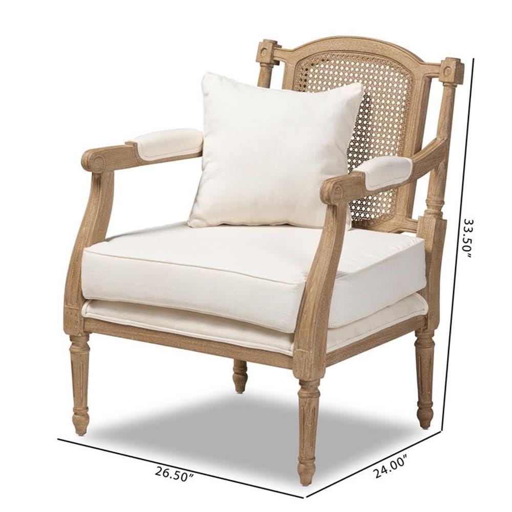 Baxton Studio Clemence Ivory Upholstered Whitewashed Wood Armchair - Modern Farmhouse Dining Chair for Kitchen, Living Room & Office