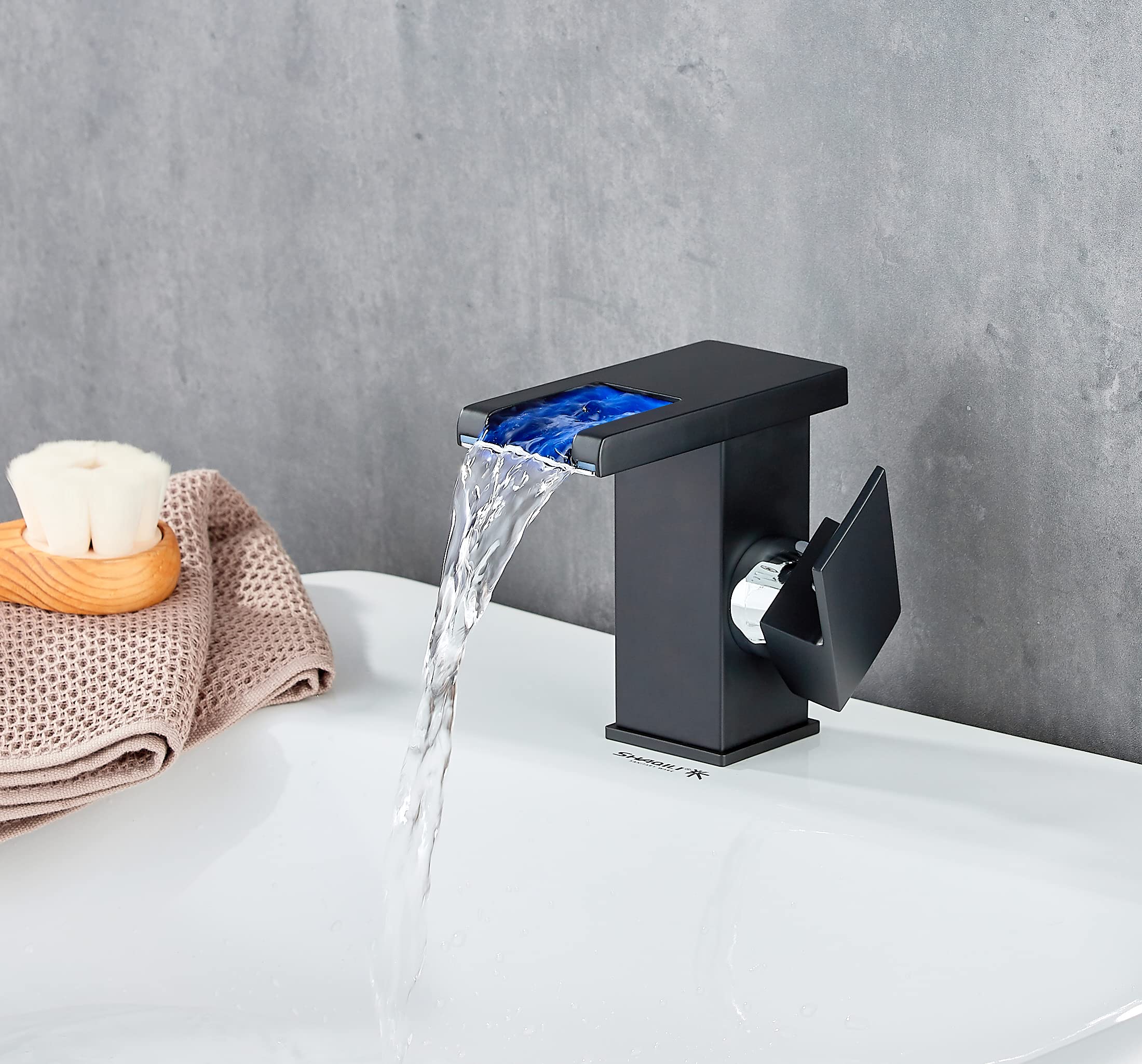 LED Black Bathroom Sink Faucet with 3-Color Changing Waterfall Spout - Hot & Cold Water Mixer for Single or 3 Hole Installation - Matte Black Finish - Perfect for Modern Bathrooms, Spa-Like Showers & Luxury Home Decor