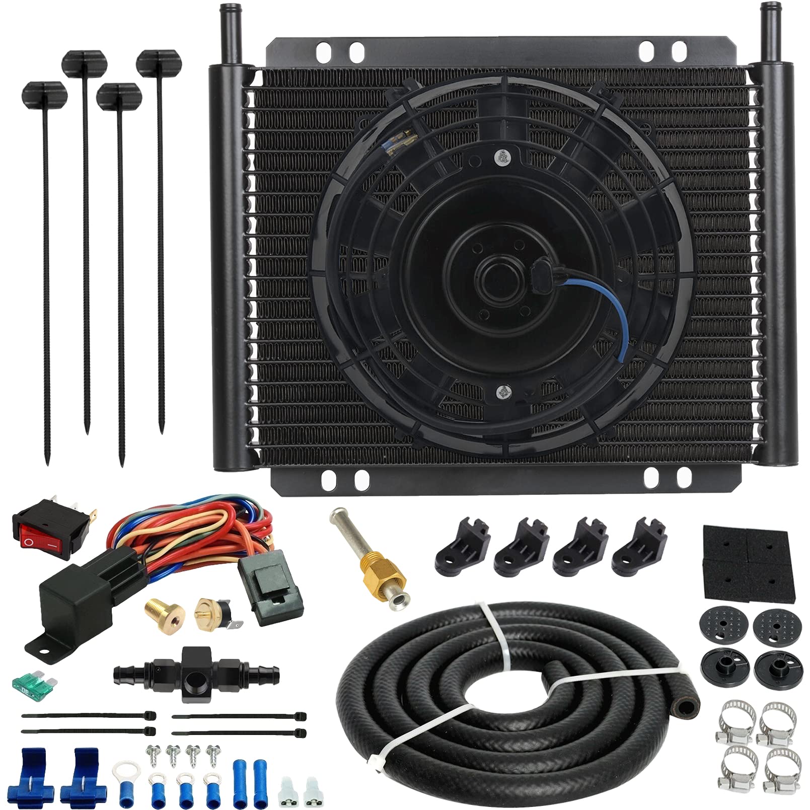 Heavy Duty 11-Inch Transmission Oil Cooler with 8-Inch Electric Cooling Fan, 6AN In-Line Hose & Thermostat Switch Wiring Kit (210°F On/195°F Off) - Perfect for High-Performance Vehicles, Off-Road Trucks & Racing Applications