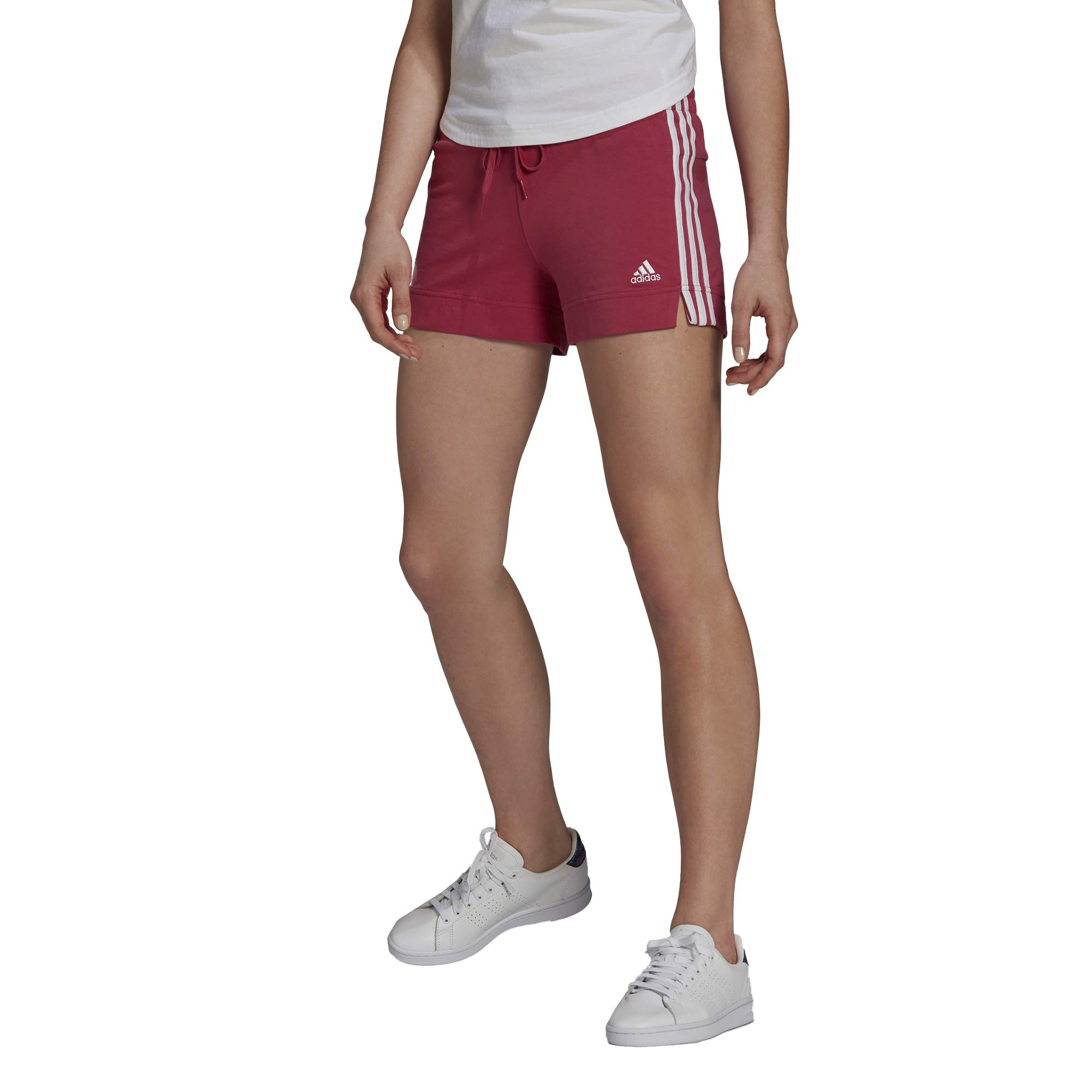Adidas Women's Essentials Slim Shorts - Wild Pink & White, Medium - Perfect for Running, Gym & Casual Wear