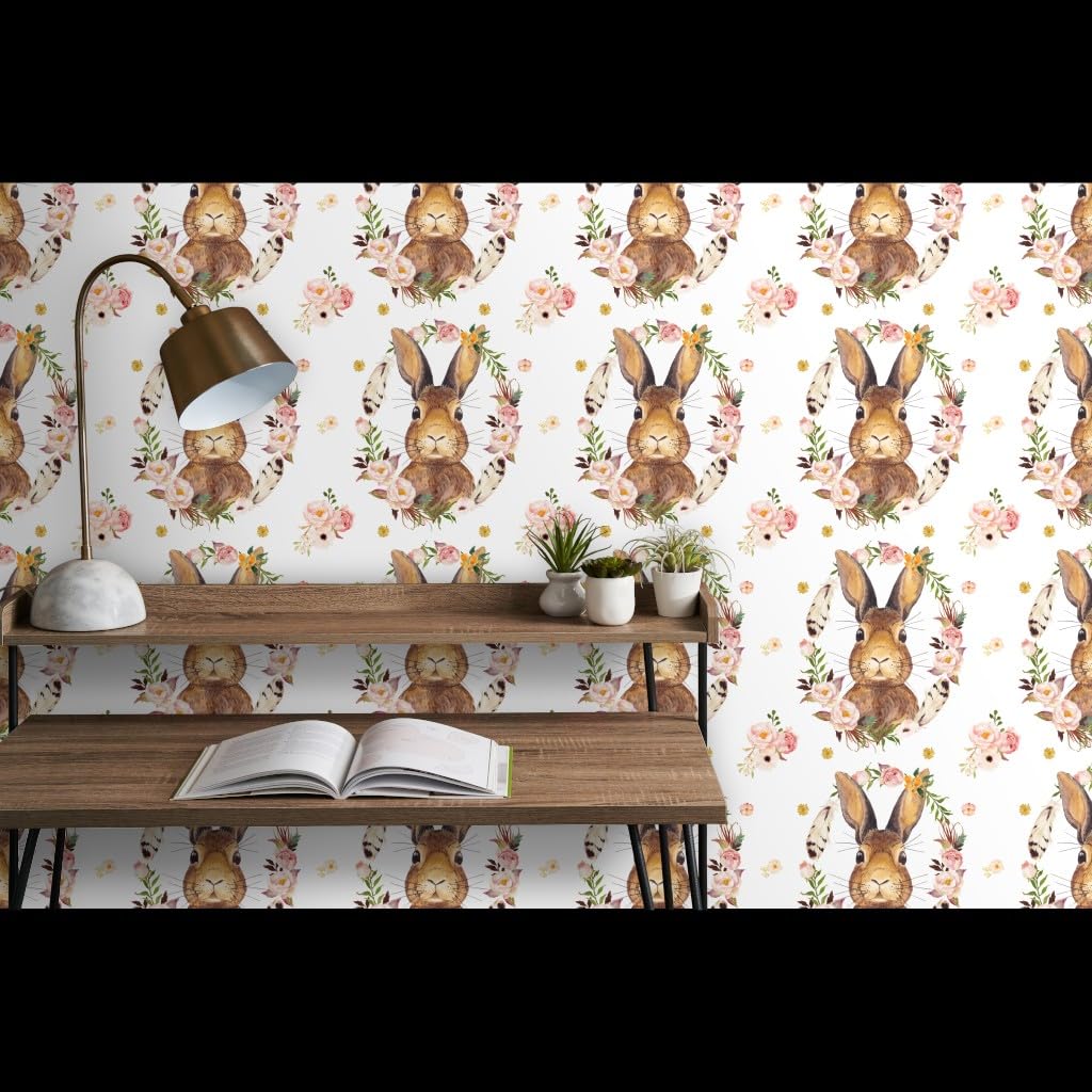 Premium Bunny White Baby Girl Woodland Roses Floral Wallpaper - 27ft x 2ft Commercial Grade Peel & Stick - Perfect for Nursery, Bedroom & Kids Room Decor