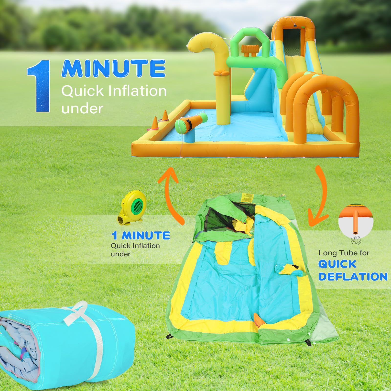 JOYMOR 10-in-1 Inflatable Water Slide Bounce House with Water Bucket, Tunnel, Water Cannon & Basketball Hoop - Fast 1 Minute Setup (Includes Air Blower) - Outdoor Backyard Water Park for Kids Ages 3-10 - Perfect for Summer Parties, Birthdays & Family Fun