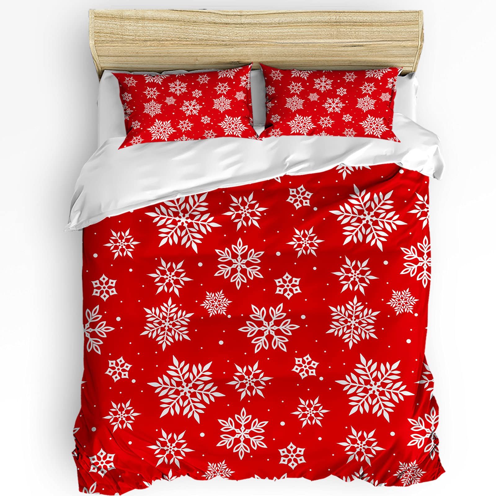 California King Duvet Cover Set - Christmas Snowflake Red Comforter Cover with 2 Pillowcases - Soft Bedding Set for Teens, Kids & Adults - Perfect for Holiday Decor & Cozy Winter Nights