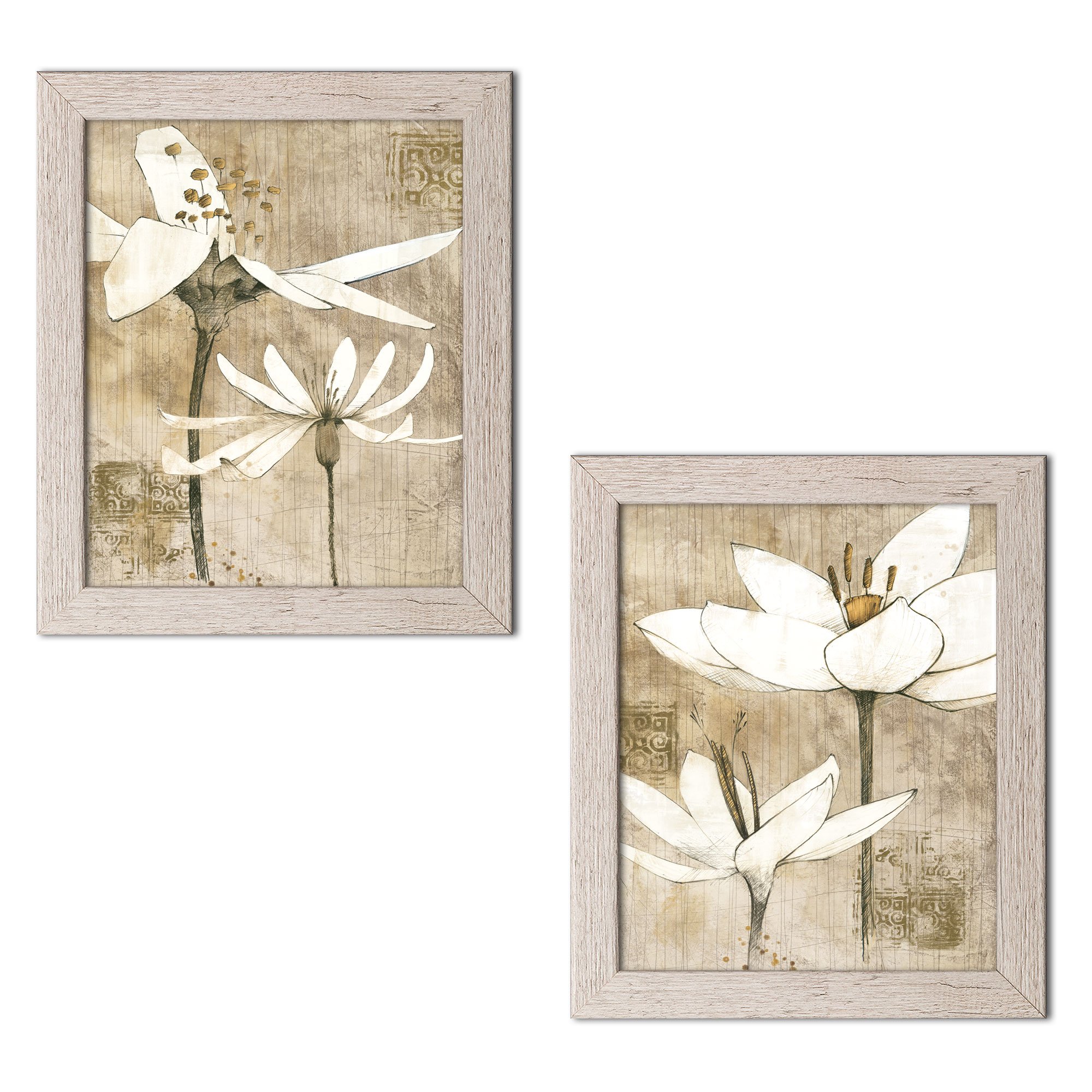 Gango Home Decor Contemporary Pencil Florals I & II - Set of 2 Distressed Framed Art Prints 11x14 Inches by Avery Tillmon - Ready to Hang Wall Art for Living Room, Bedroom & Office Decor