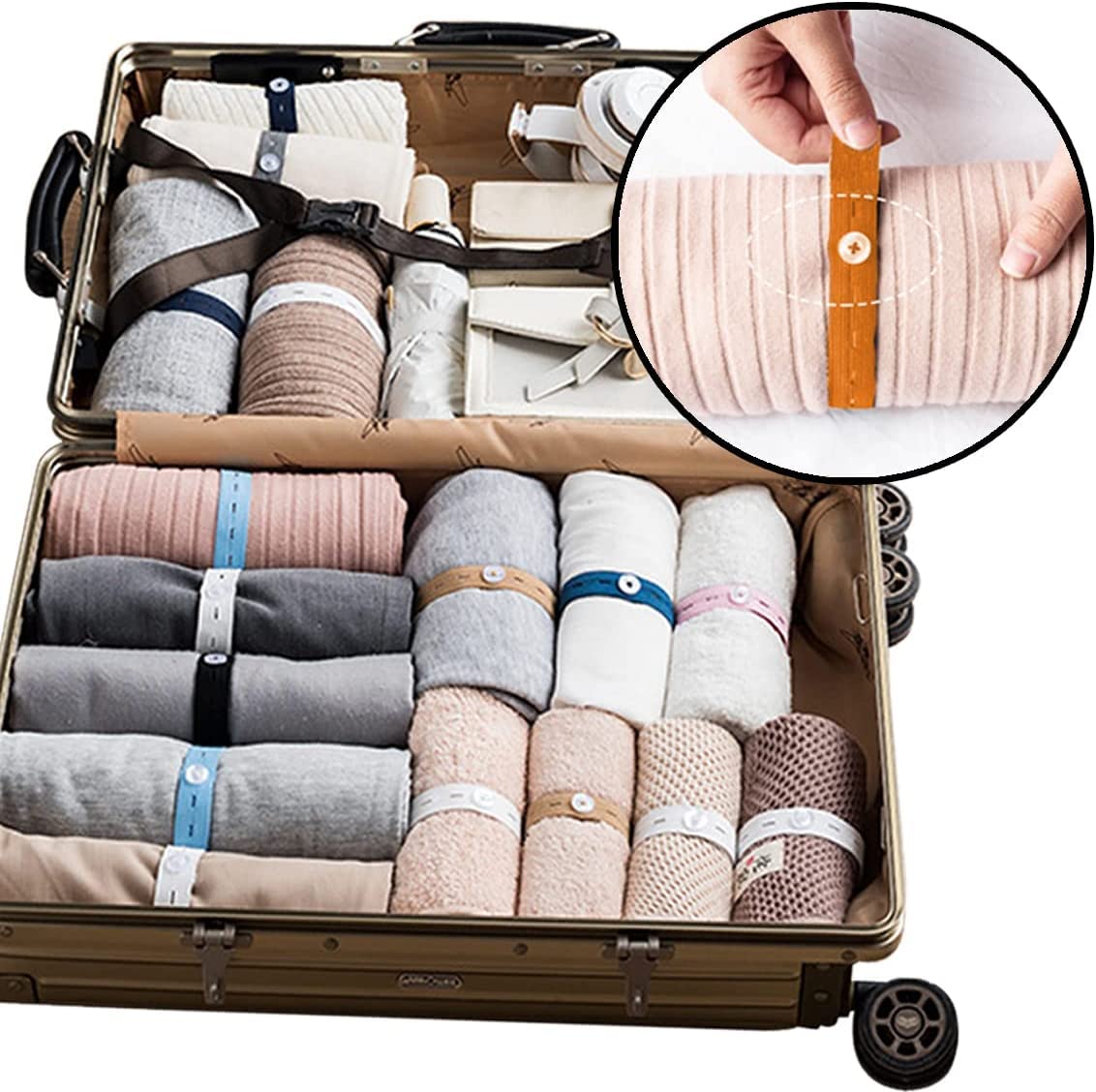 20Pcs Elastic Storage Bands with Buttonholes - Space Saving Closet Organizer for Bed Sheets, Blankets, Comforters & Sweaters | Drawer & Wardrobe Organization System | Perfect for Home, Travel & Laundry Storage (Pink)