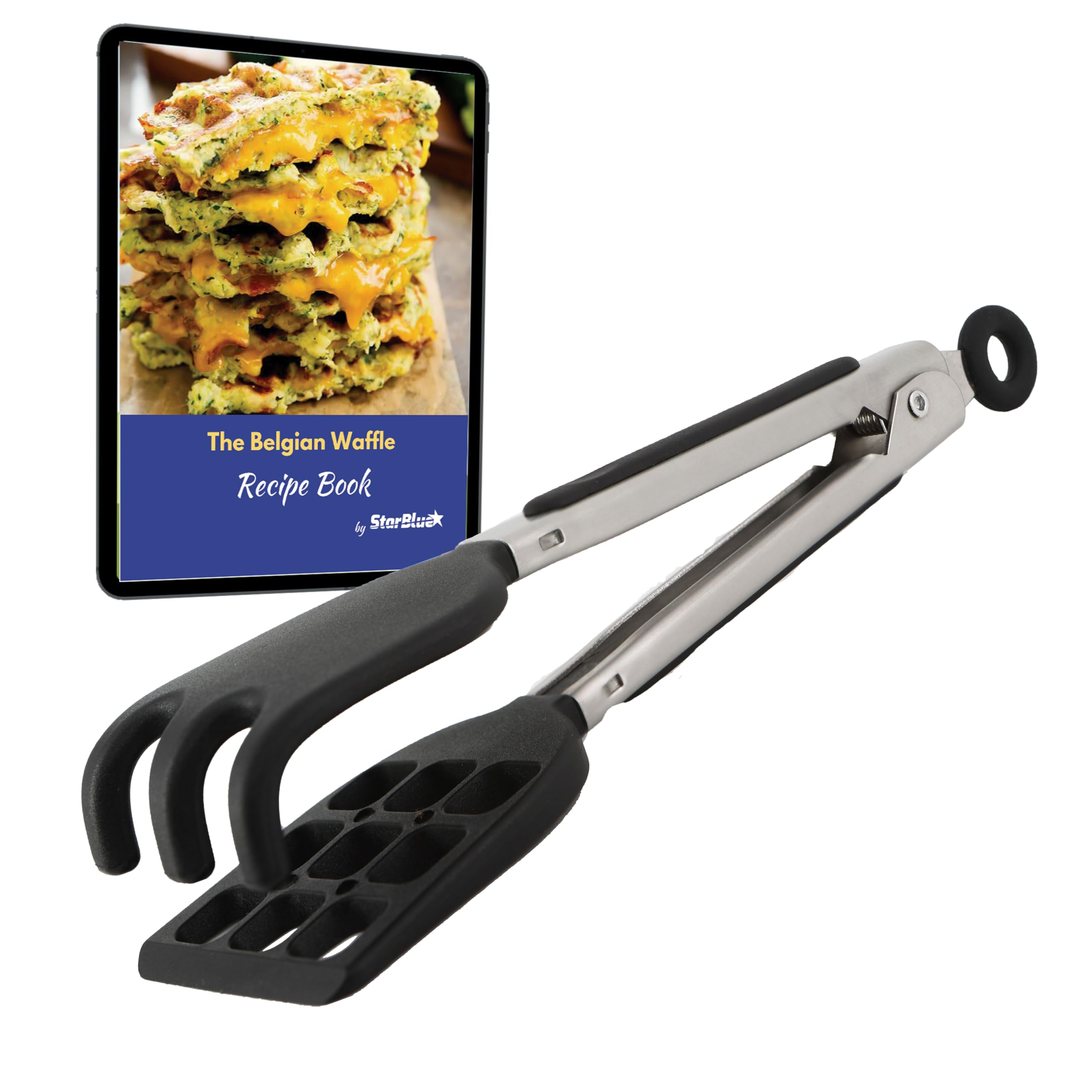 StarBlue 8-Inch Silicone & Nylon Waffle Tongs - Non-Slip Smooth Handle, Non-Scratch, Dishwasher Safe - Perfect for Serving Belgian Waffles, Pancakes, and Breakfast Foods at Home or Restaurants