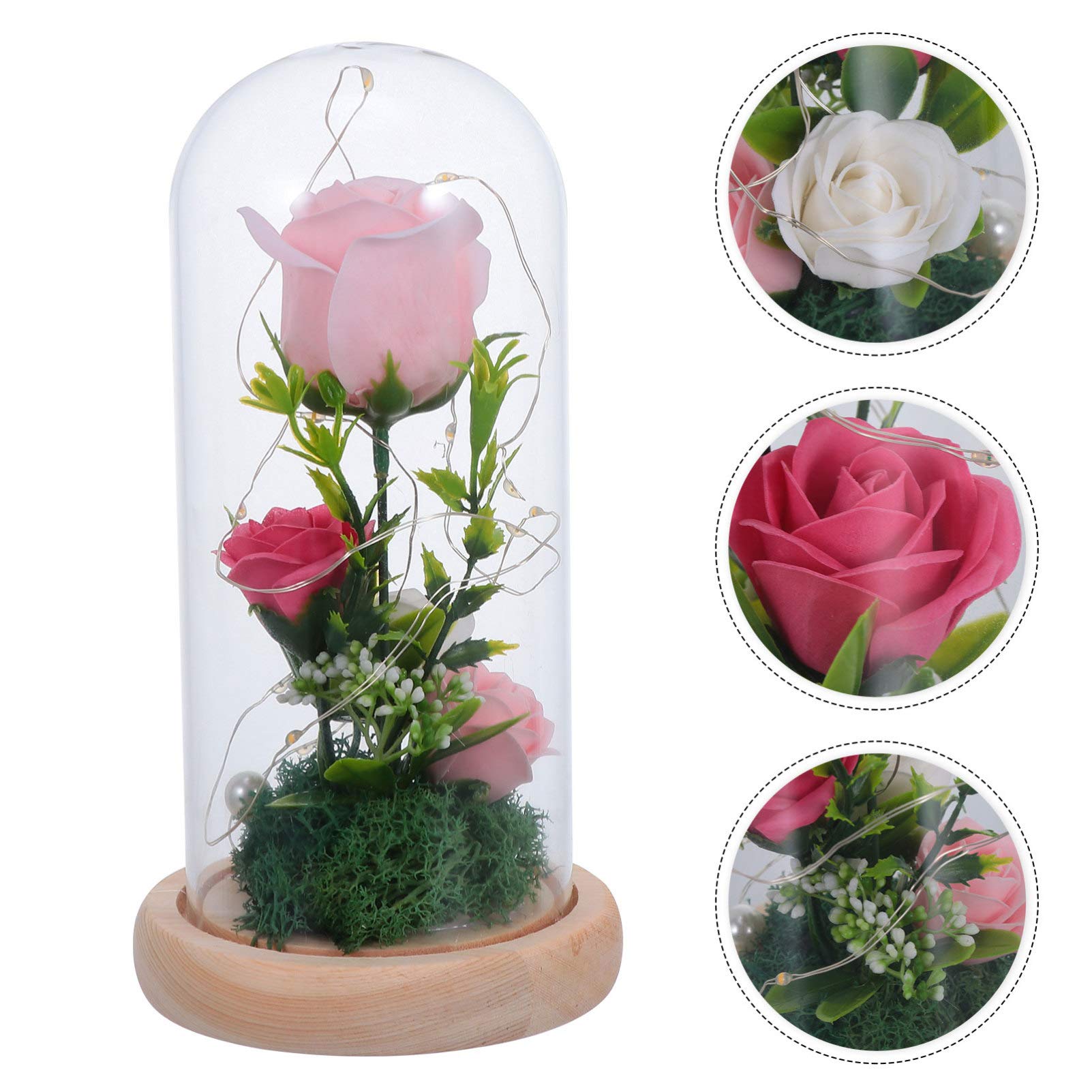 Uonlytech Artificial Rose in Glass Dome with LED Lights - Preserved Rose Lamp for Valentine's Day, Wedding, Anniversary, Romantic Gifts for Women (Home Decor, Bedroom, Dining Table Centerpiece)