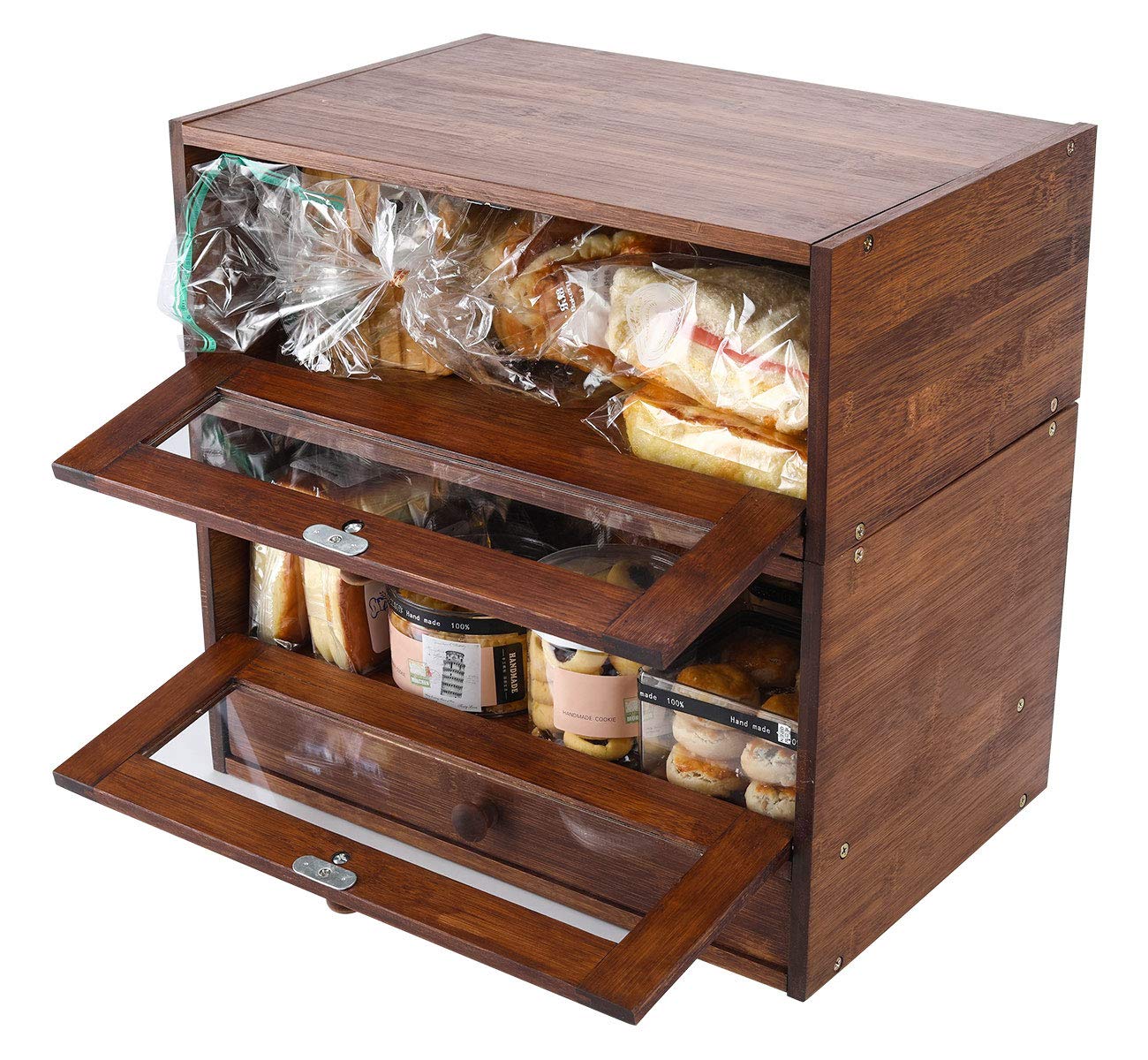 2-Tier Bamboo Bread Storage Box with Clear Window & Utensil Drawer - Stackable Kitchen Countertop Organizer for Bread, Pastries & Baked Goods - Perfect for Pantry, Bakery & Home Kitchen Organization