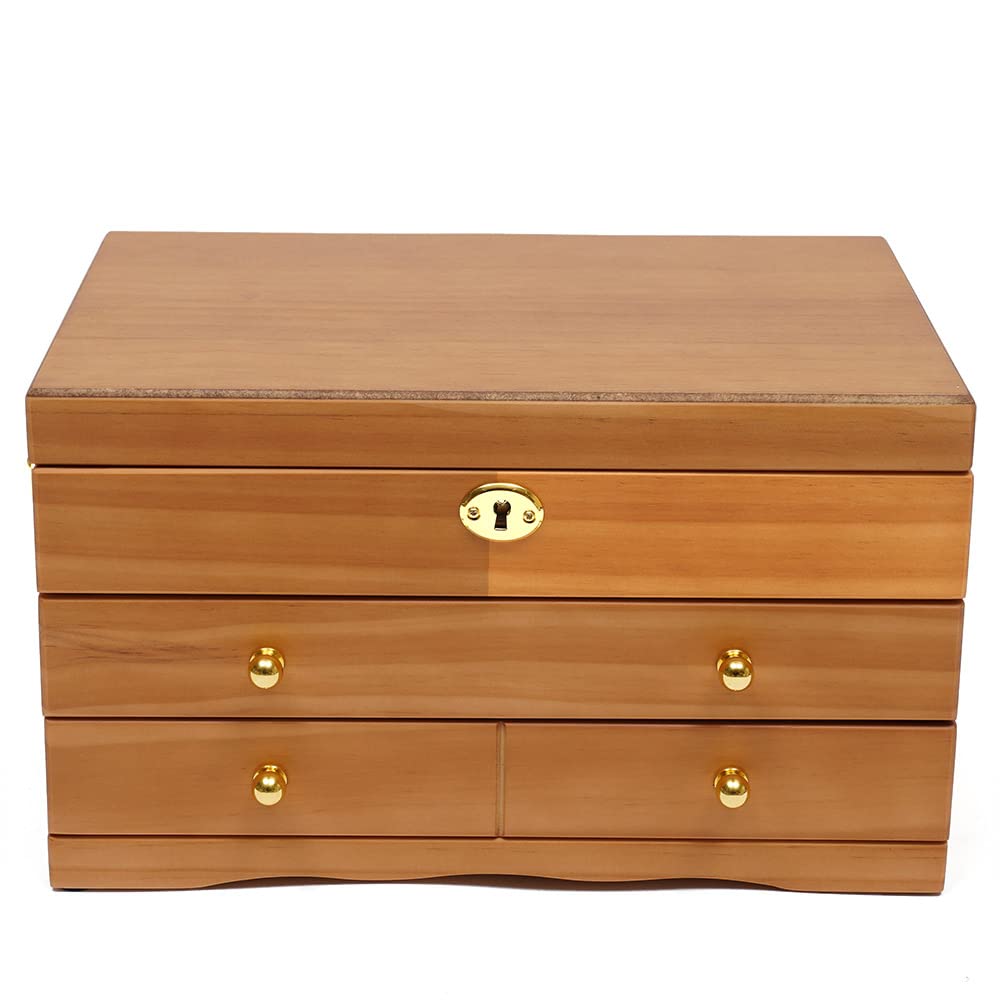 3-Layer Wooden Jewelry Box Organizer with Mirror & Lock - 2 Drawers Display Storage Case for Necklaces, Rings, Earrings - Perfect for Bedroom Vanity, Travel & Gift Giving