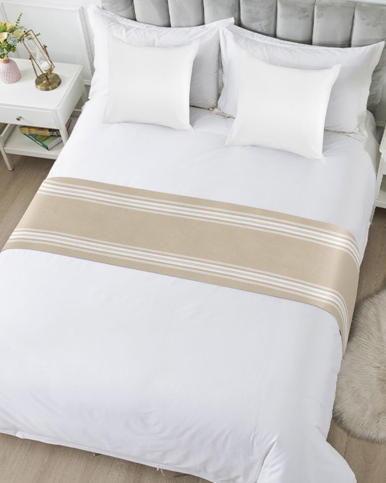 Luxury Beige Striped Bed Runner for Cal King Size Bed - Modern Farmhouse Abstract Art Bed Scarf Throw (102
