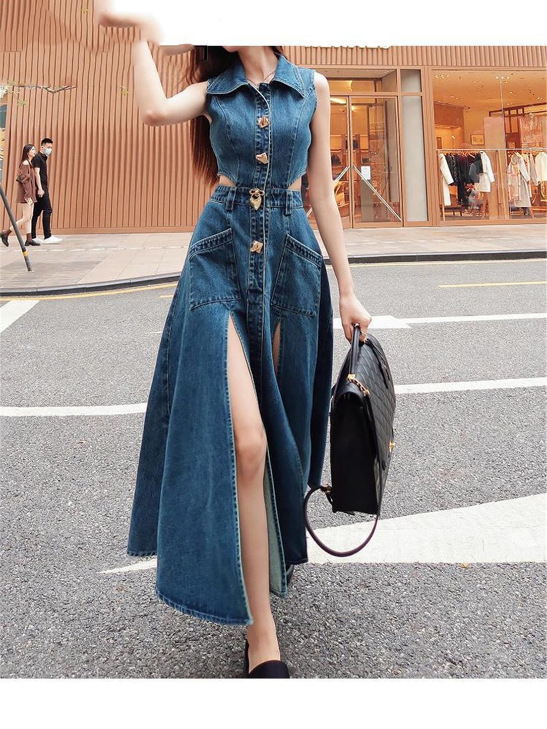 Vintage Women's Hollow Out Sleeveless Denim Dress - High Waist Slim Fit Long Jean Dress with Side Slits for Casual Outings & Summer Fashion