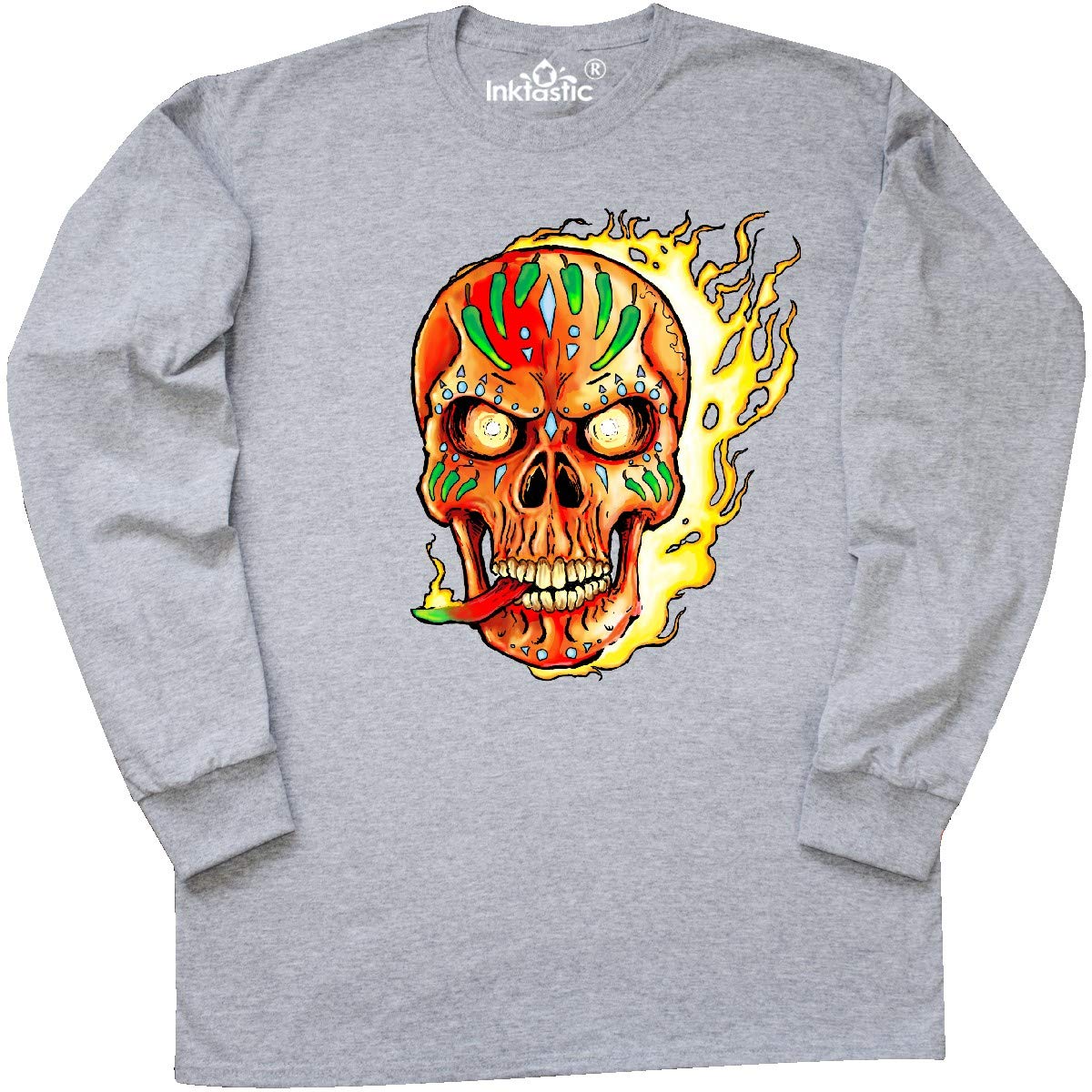 inktastic Hot Sauce Hot Pepper Skull ON FIRE Long Sleeve T-Shirt for Men Women - Spicy Food Lovers, Halloween Party, Concert & Casual Streetwear