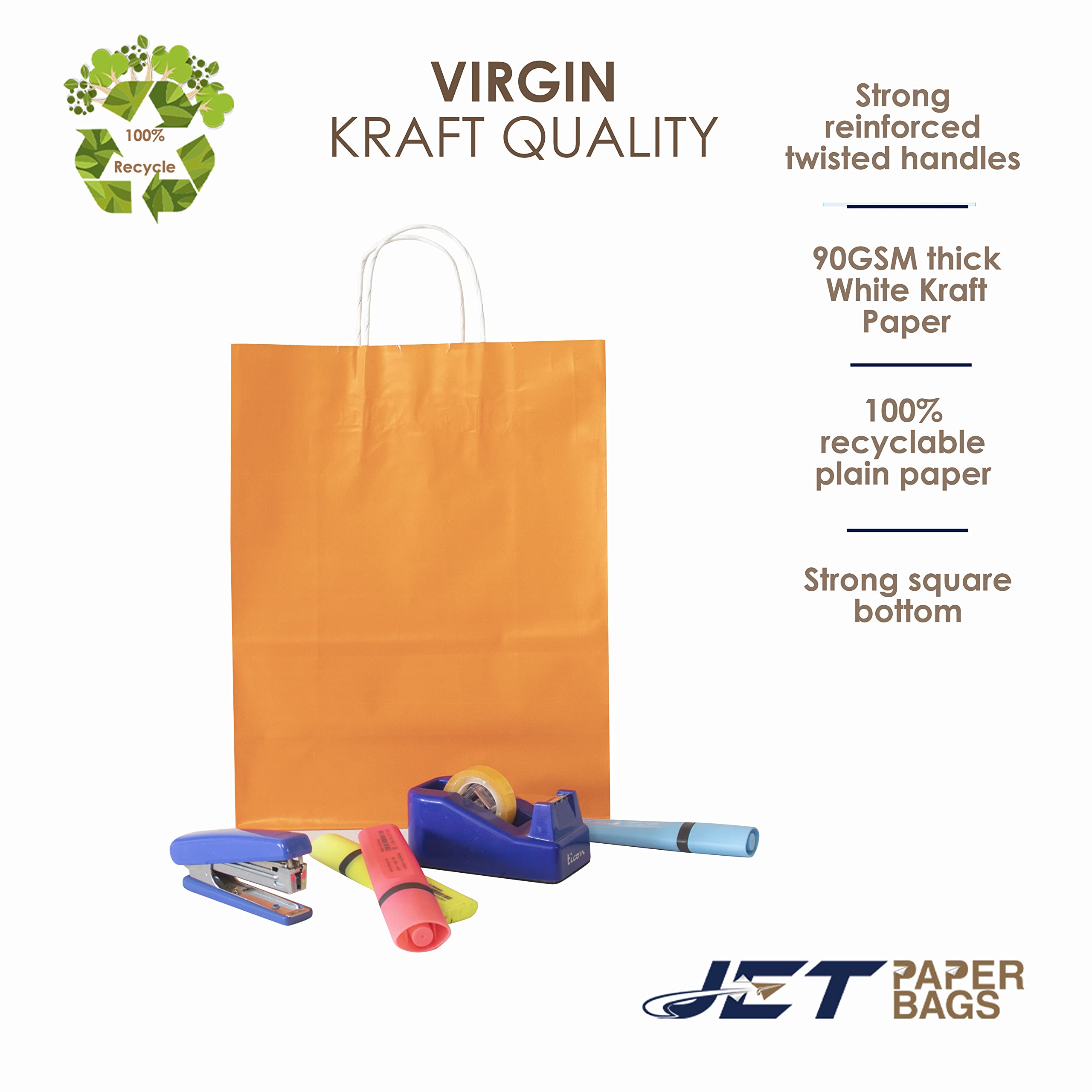 JET PAPER BAGS - 10x5x12 Inch [100 Pcs] Medium Kraft Gift Bags with Handles - Bulk Prime Kraft Paper Bags for Gifts, Grocery, Retail, Party & Weddings - Orange (100 Count) - Perfect for Birthday Presents, Bridal Showers & Holiday Gift Wrapping