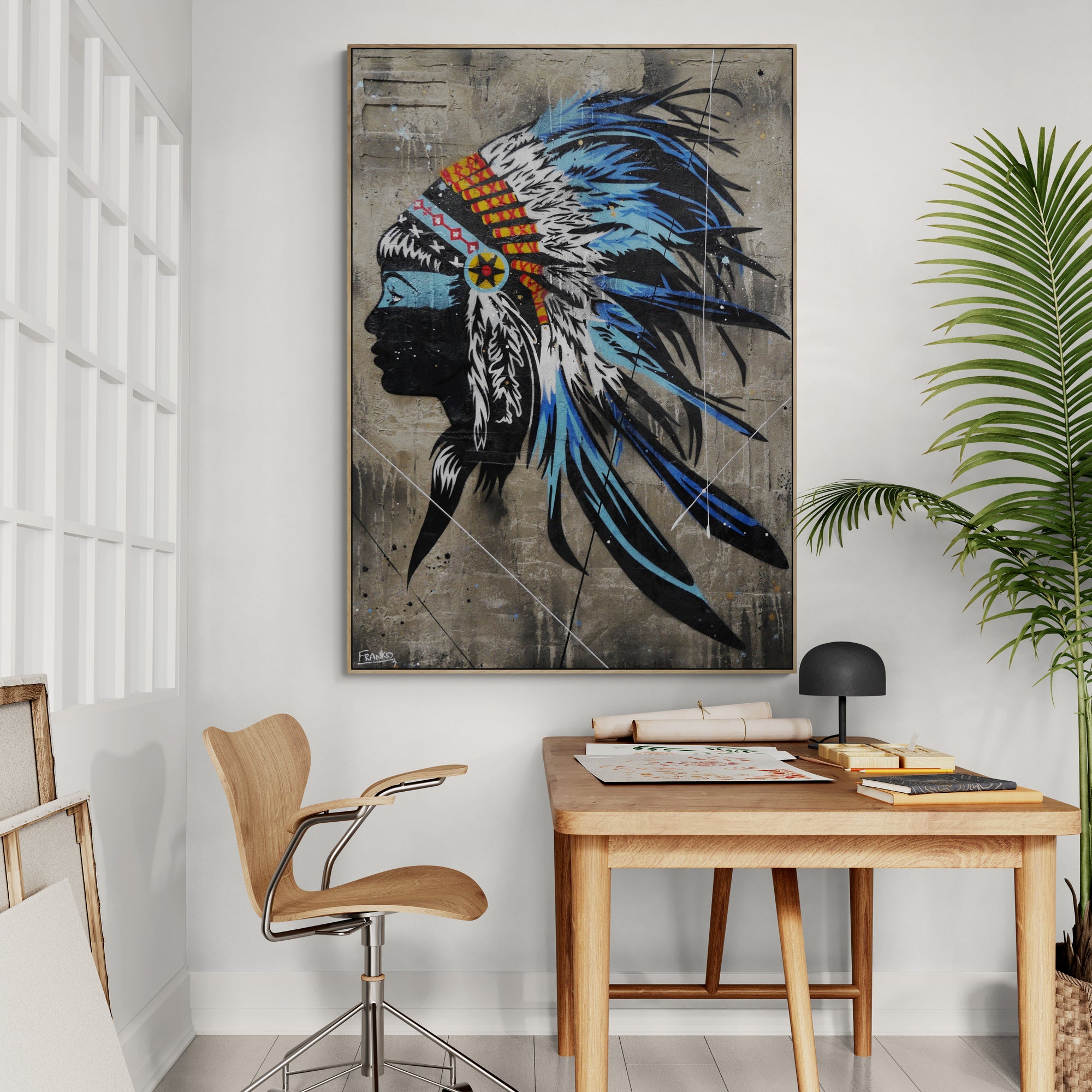 Blue Feathers 100cm x 140cm Indian Headdress Concrete Textured Urban Pop Art Canvas Wall Painting - Modern Home Decor for Living Room, Bedroom & Office