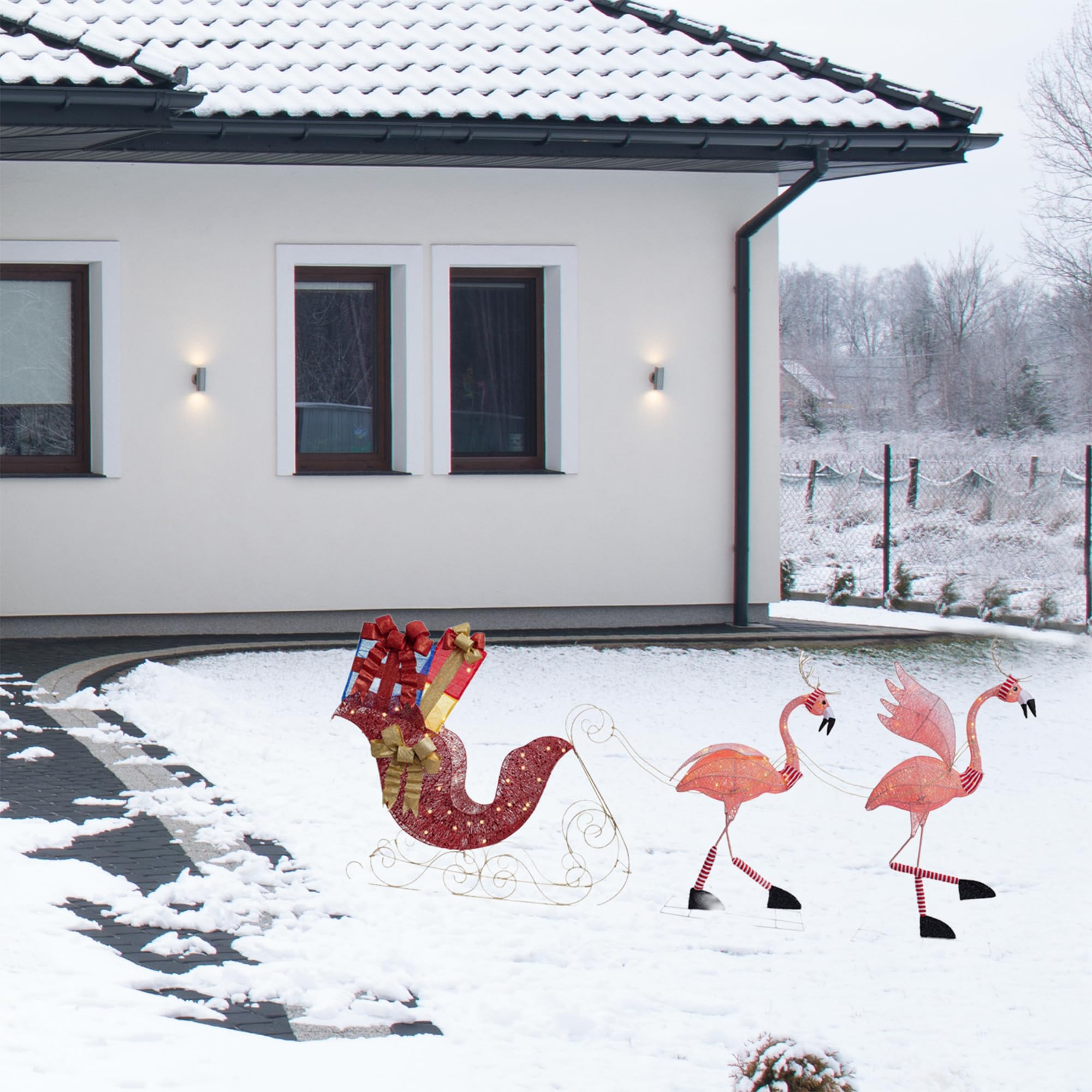 Haute Decor Lighted Christmas Outdoor Flamingo Reindeer with Sleigh - Holiday Yard Decoration for Lawn, Garden & Festive Party Decor