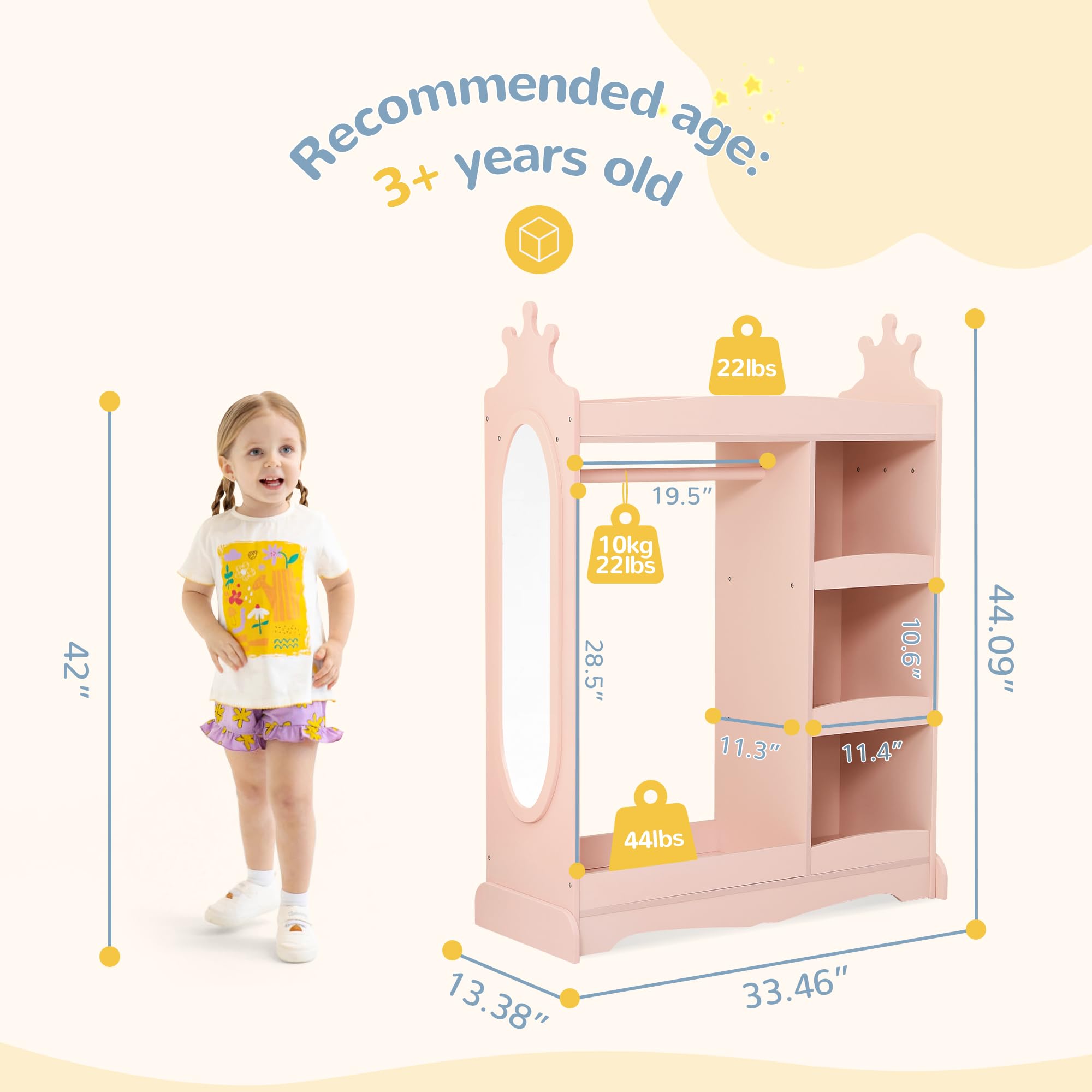 Pink Kids Wardrobe with Mirror & 3 Hooks - Girls Boys Closet Organizer, Costume Storage Armoire for Bedroom - Perfect for Toy Storage, Dress-Up Play & Bedroom Organization