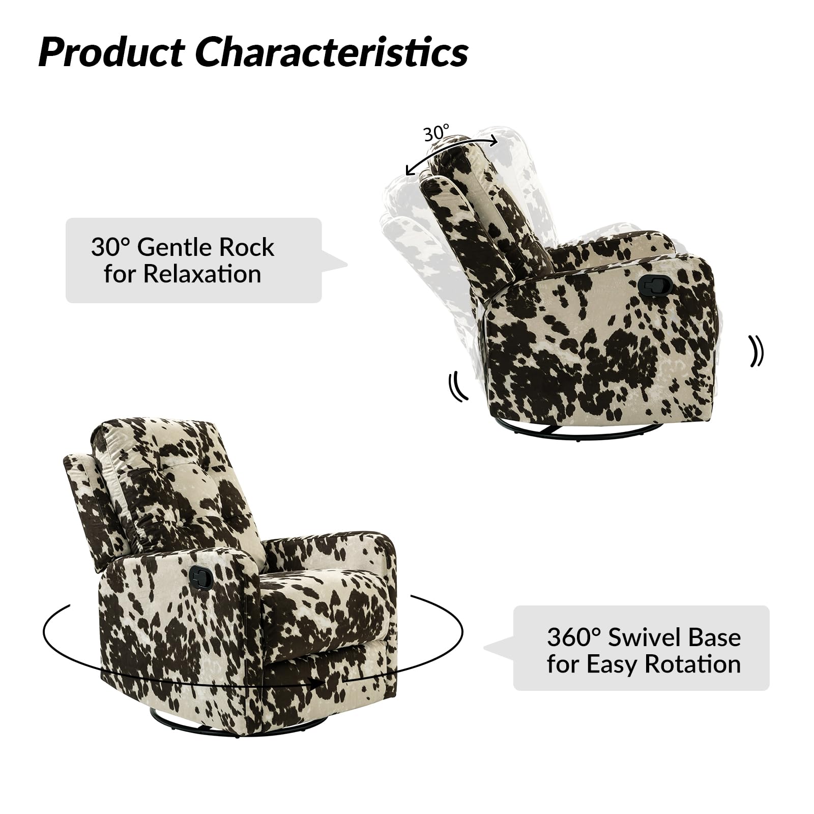 HULALA HOME 2-Piece Recliner Chair Set - Modern Printed Fabric Rocking Recliner Sofa with 360° Swivel, Adjustable Backrest & Footrest - Brown - Perfect for Living Room, Nursery, or Home Theater Relaxation