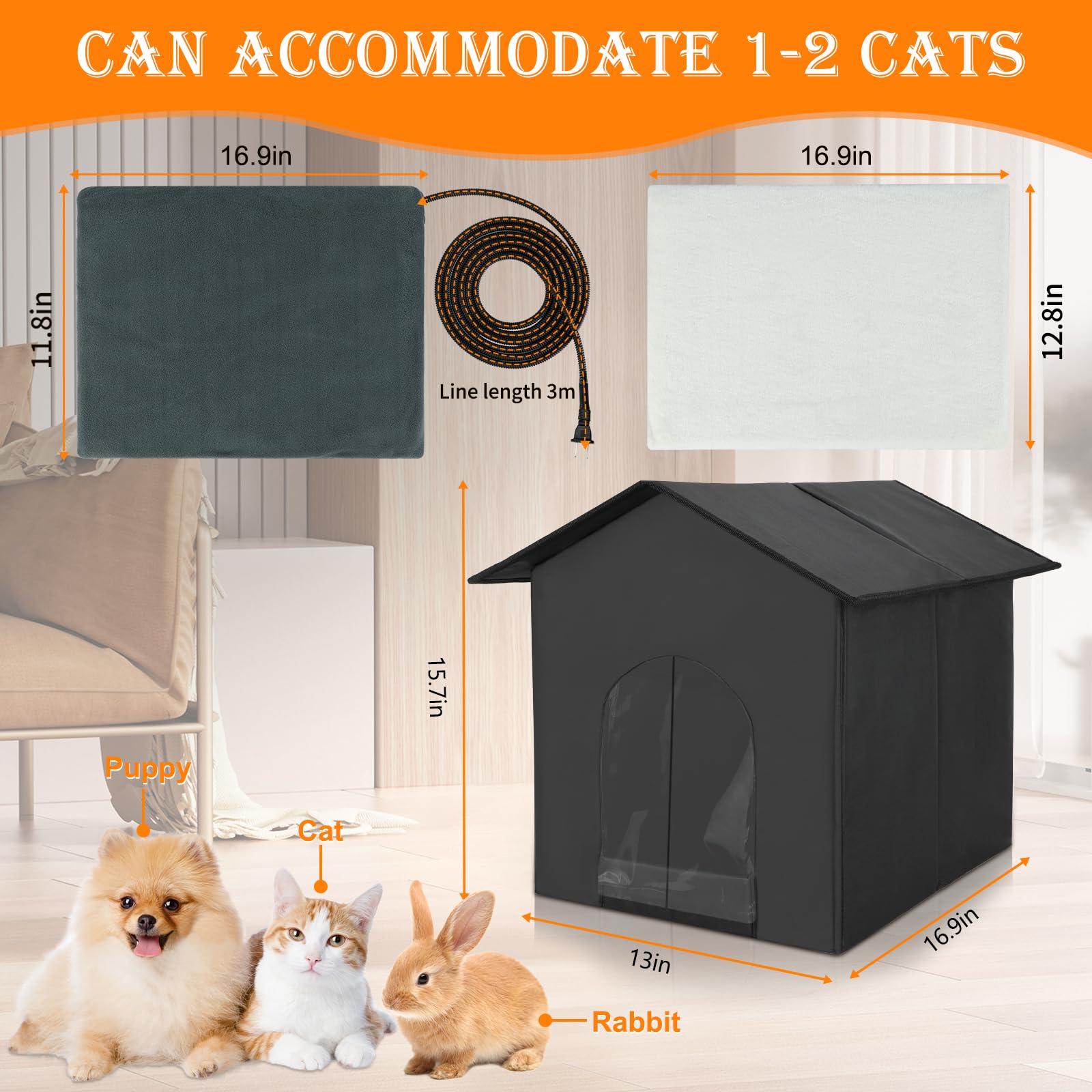 Heated Outdoor Cat House with Double Door - Weatherproof & Foldable Heated Shelter for Feral Cats, Barn Cats, Kittens & Puppies - Includes Heating Pad Bed & Instructions - Perfect for Winter Protection & Outdoor Pet Safety