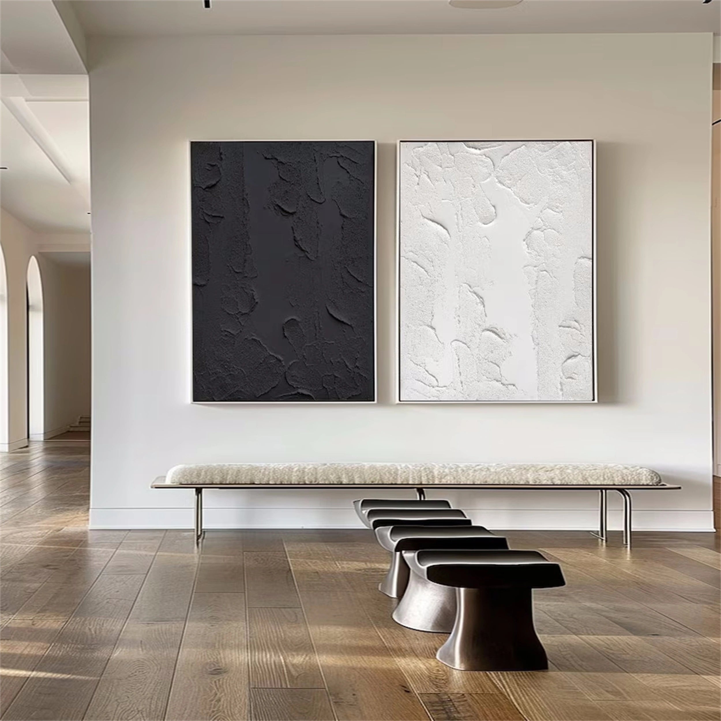 Modern Black and White Textured Minimalist Wall Art - Set of 2 Abstract Canvas Prints (#MZ074) | Perfect for Living Room, Bedroom & Office Decor