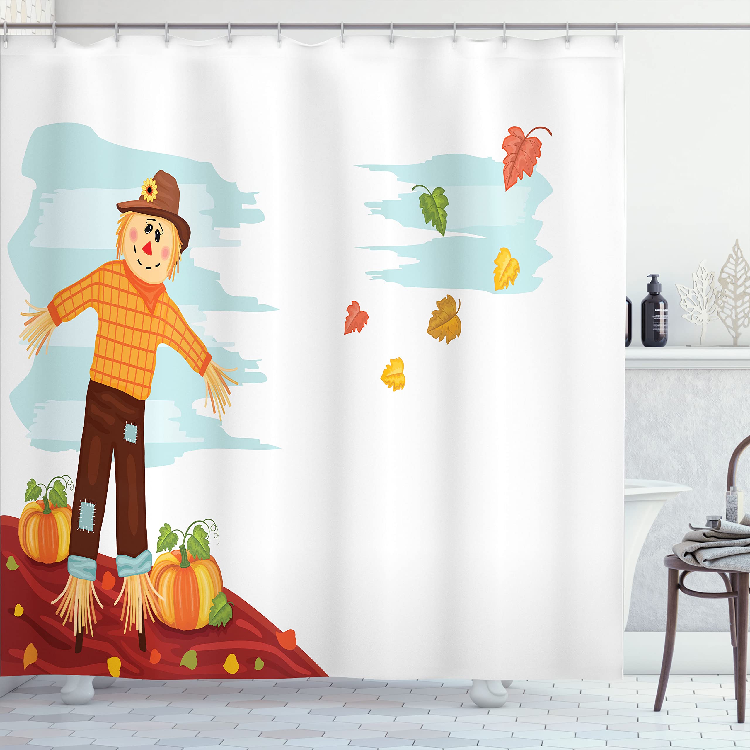 Ambesonne Autumn Pumpkin Shower Curtain - Fall Harvest Themed Scarecrow with Seasonal Fruits & Leaves - 69x75 Inch Waterproof Fabric Bathroom Decor with Hooks - Perfect for Thanksgiving, Halloween & Cozy Farmhouse Bathrooms