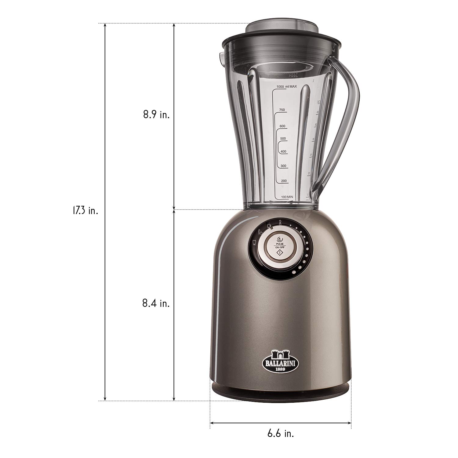 Ballarini Tesoro Countertop Blender - Premium Italian Made Metallic Grey Blender for Smoothies, Soups & Cocktails - Perfect for Home Kitchen & Bar Use
