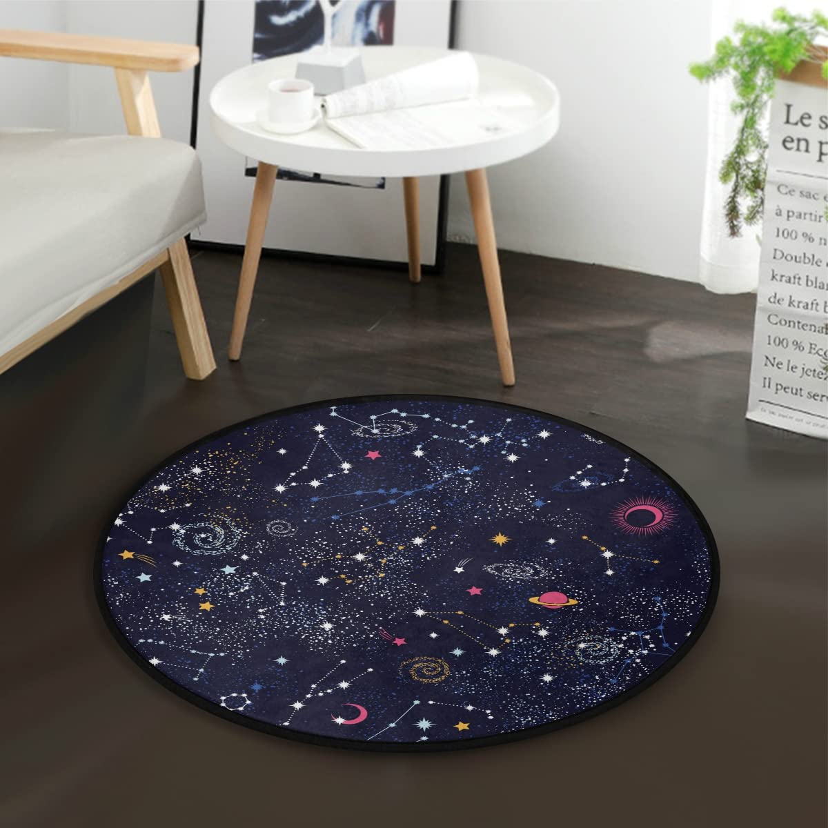 Modern Round Area Rug 3.6x3.6 ft - Galaxy Moon Design for Dining Room, Living Room, Bedroom & Entryway | Non-Slip Soft Floor Mat for Home Decor