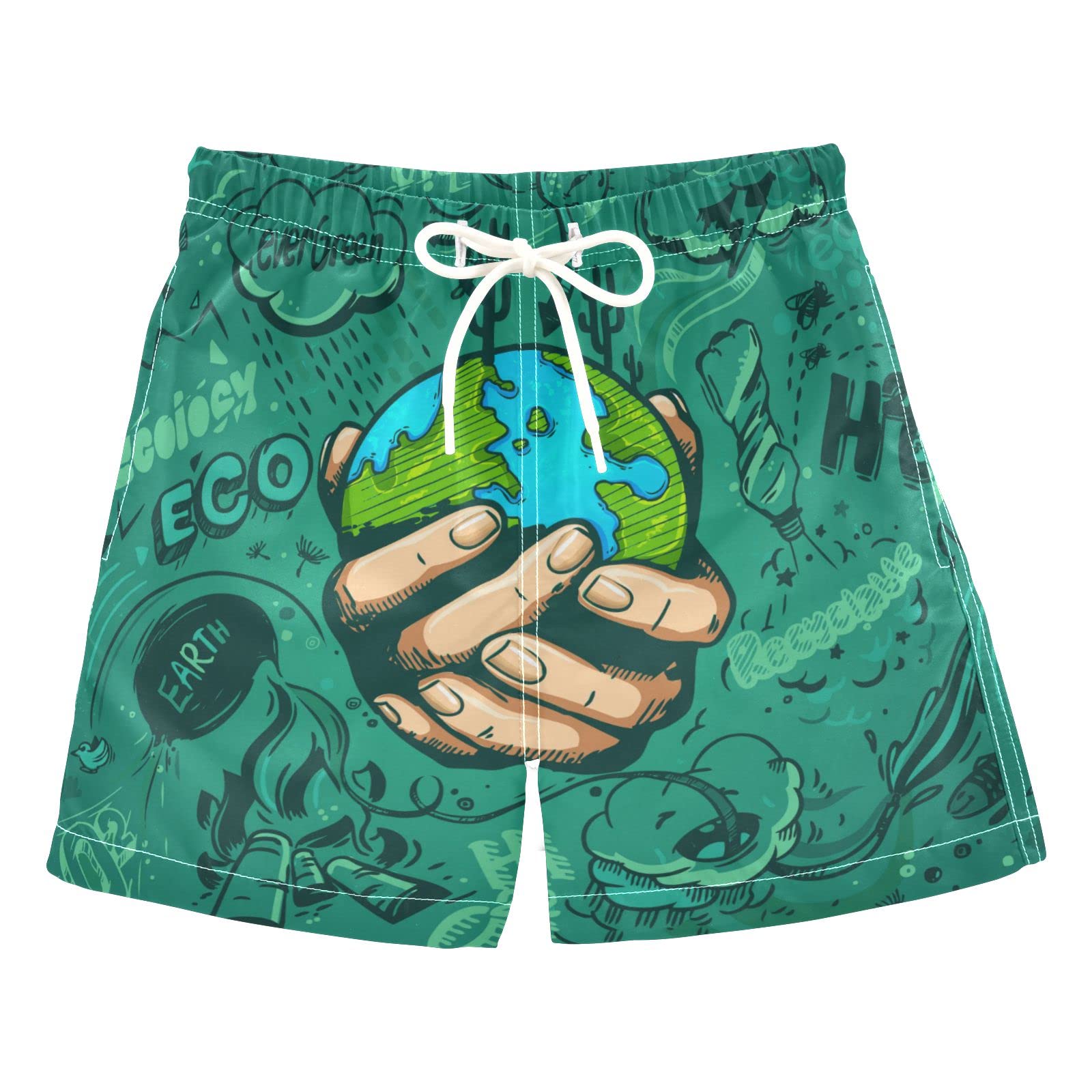 **Boys Swim Trunks with Earth Design - Quick Dry Board Shorts for Beach, Surf & Pool - Perfect for Hawaii Vacation & Summer Swimwear**    *(Use Case: Ideal for beach outings, surfing, swimming, pool parties, and tropical vacations.)*