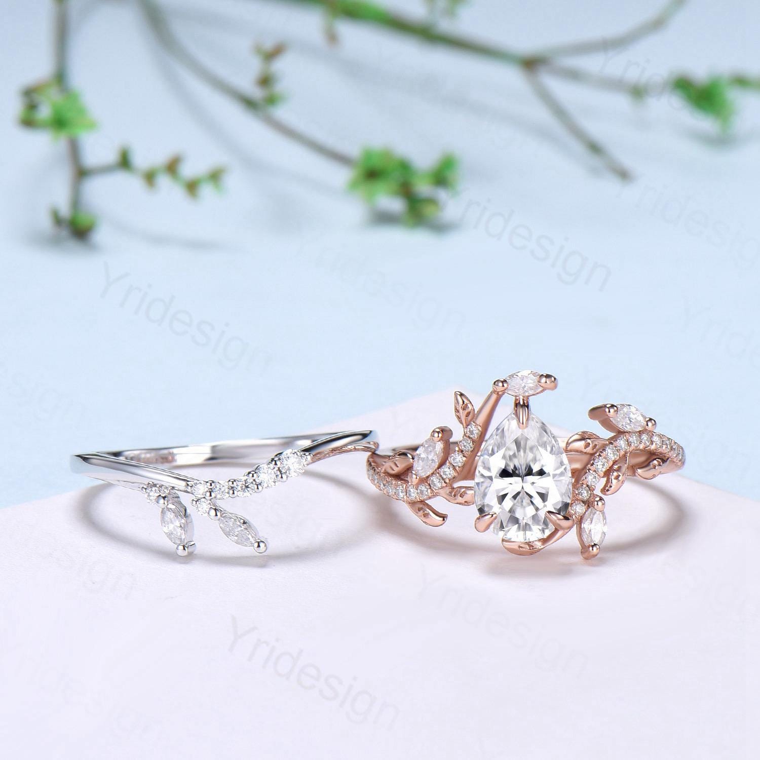 Pear Shaped Brilliant Moissanite Engagement Ring Set - Nature Inspired Snake Eternity Wedding Band - Moissanite Promise Bridal Jewelry - Perfect Gift for Women - Ideal for Proposals, Anniversaries & Special Occasions