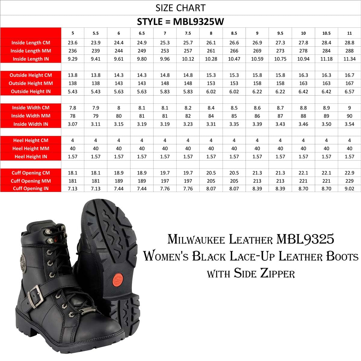 Milwaukee Leather MBL9325W Women's Wide Width Motorcycle Boots - Premium Black Leather Lace-Up Biker Boots for Riding & Outdoor Adventures